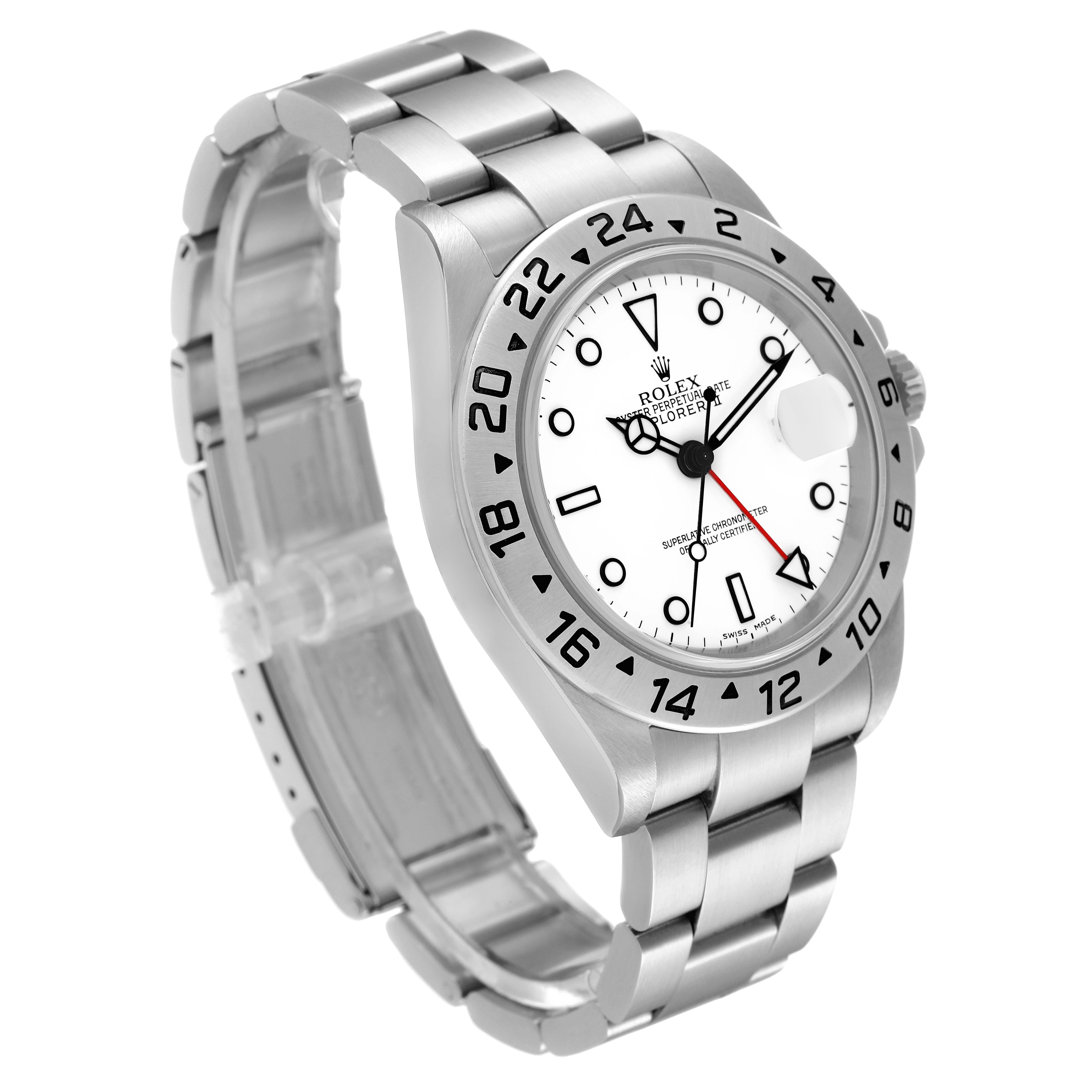 This image shows a Rolex Explorer 16570 Men
s Stainless Steel White Dial 16570 Men
s Stainless Steel White Dial watch at a 3/4 angle, highlighting the face, bezel, and bracelet.