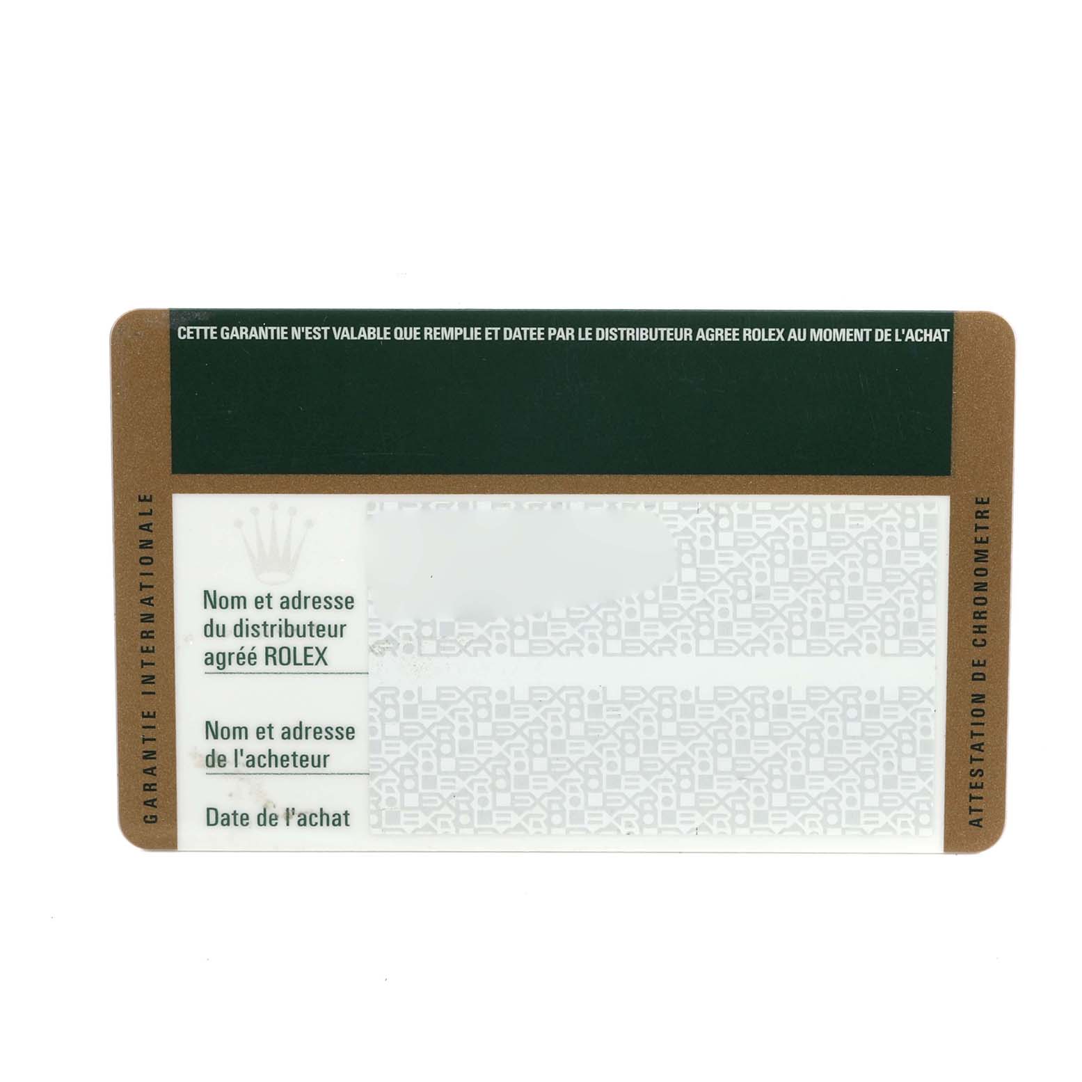 The image shows a warranty card for the Rolex Explorer 216570 Men's Stainless Steel White Dial 216570 Men's Stainless Steel White Dial with fields for distributor and purchaser information.