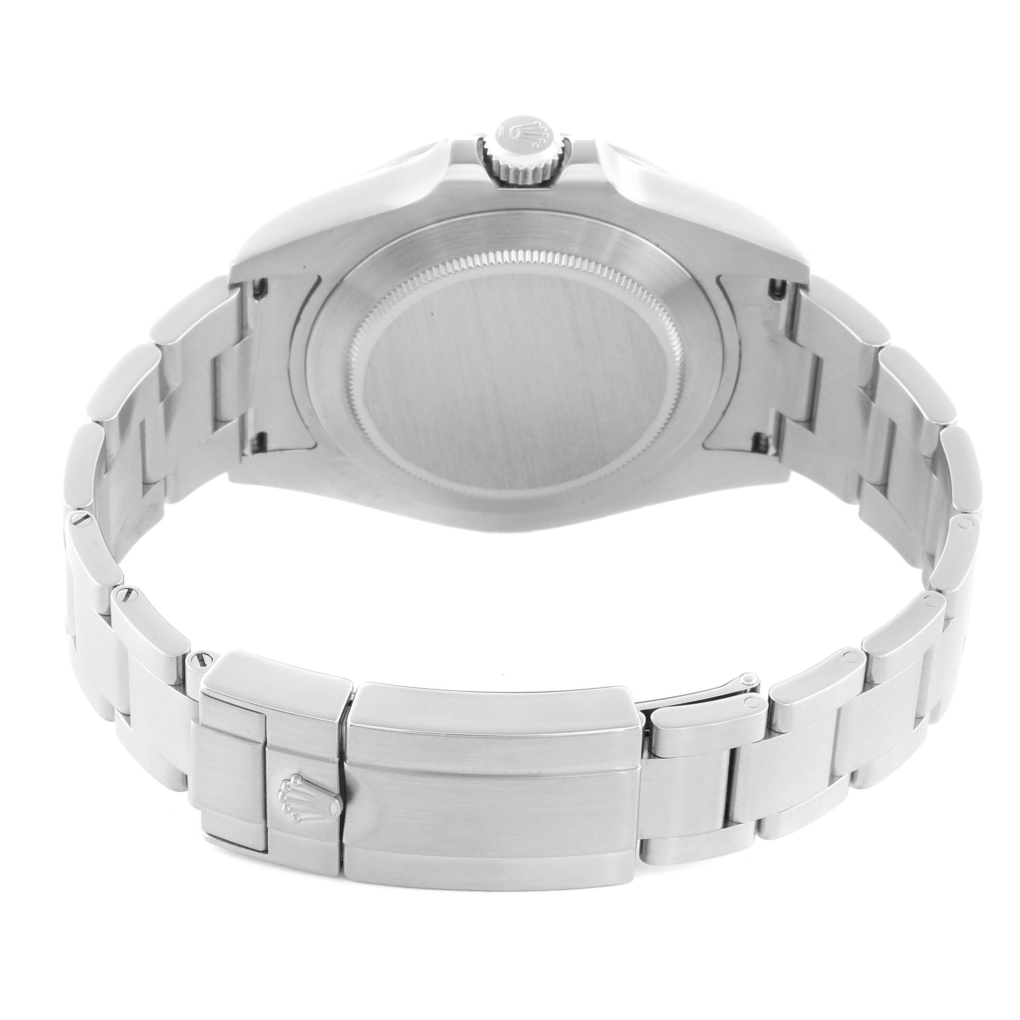 The image shows the back view of a Rolex Explorer 216570 Men's Stainless Steel White Dial 216570 Men's Stainless Steel White Dial watch, displaying its closed clasp, case back, and bracelet.