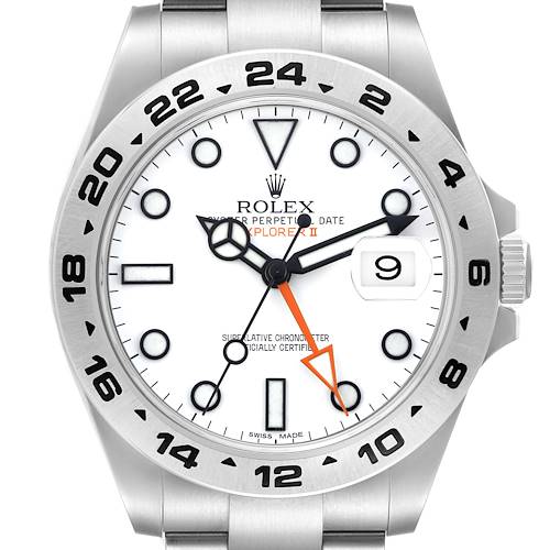 The image shows a front view of the Rolex Explorer II watch face, highlighting the bezel, crown, and dial details.