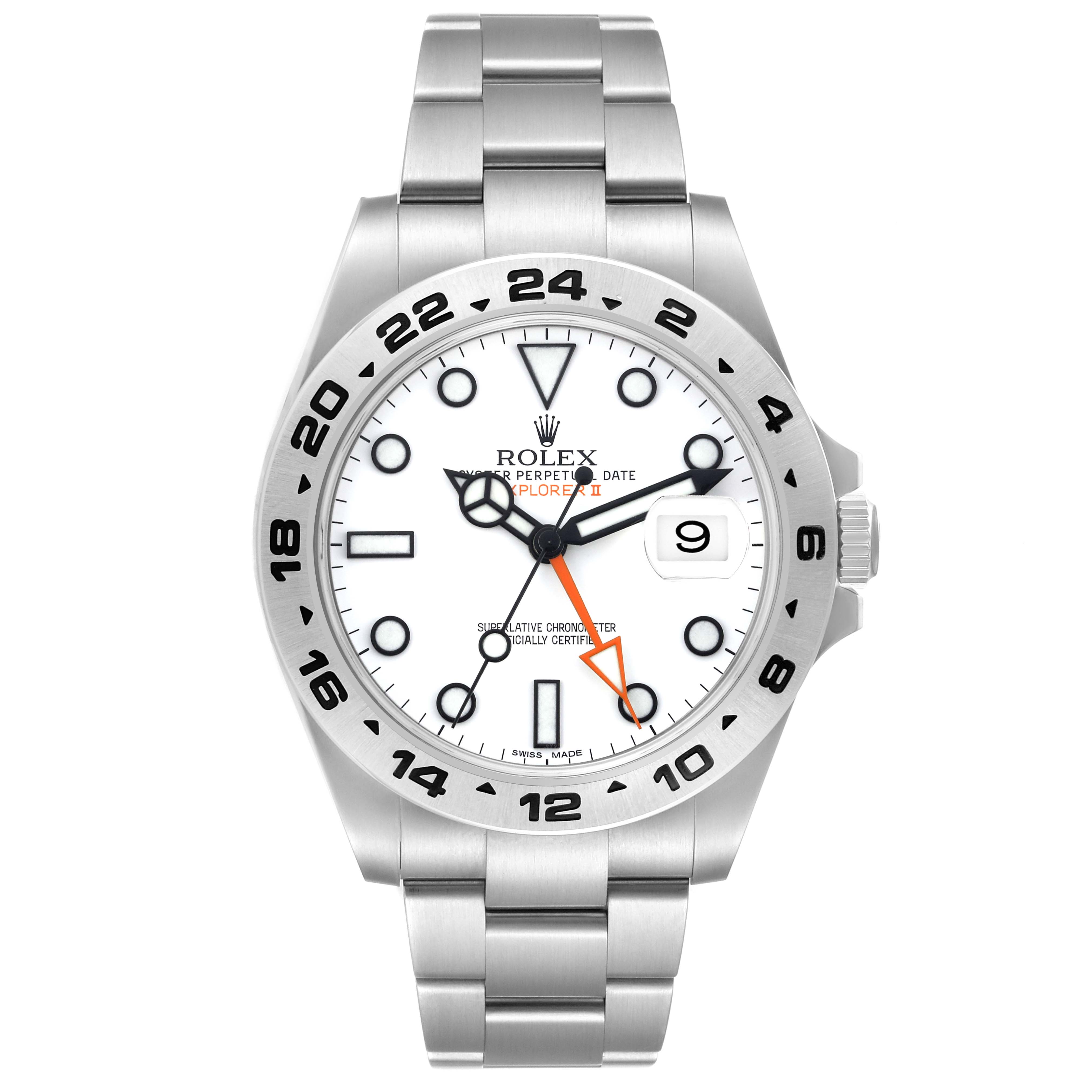The Rolex Explorer 216570 Men's Stainless Steel White Dial 216570 Men's Stainless Steel White Dial watch is shown from the front, displaying the dial, bezel, date window, and bracelet.