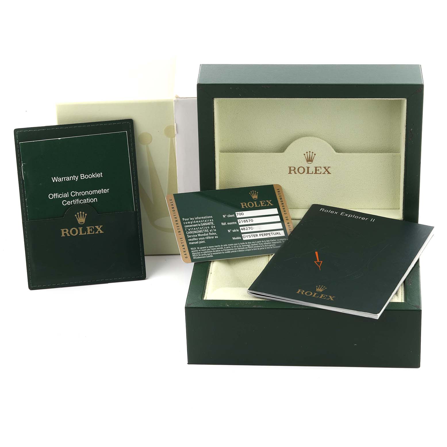 The image shows the Rolex Explorer 216570 Men's Stainless Steel White Dial 216570 Men's Stainless Steel White Dial watch box, warranty booklet, certification card, and user manual.