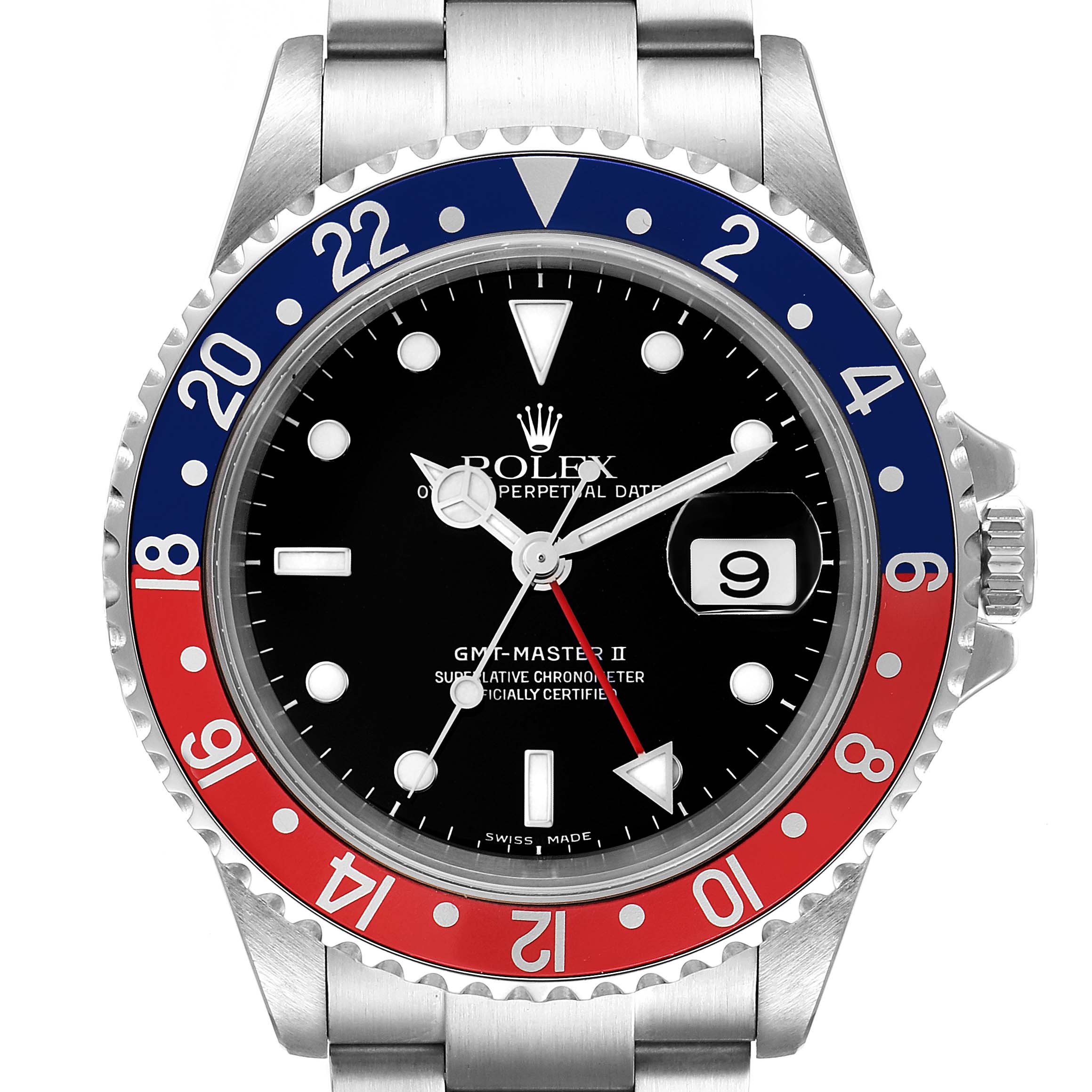 The Rolex GMT-Master 16710 Men
s Stainless Steel Black Dial 16710 Men
s Stainless Steel Black Dial watch is shown from a front angle, displaying its dial, bezel, and bracelet clearly.