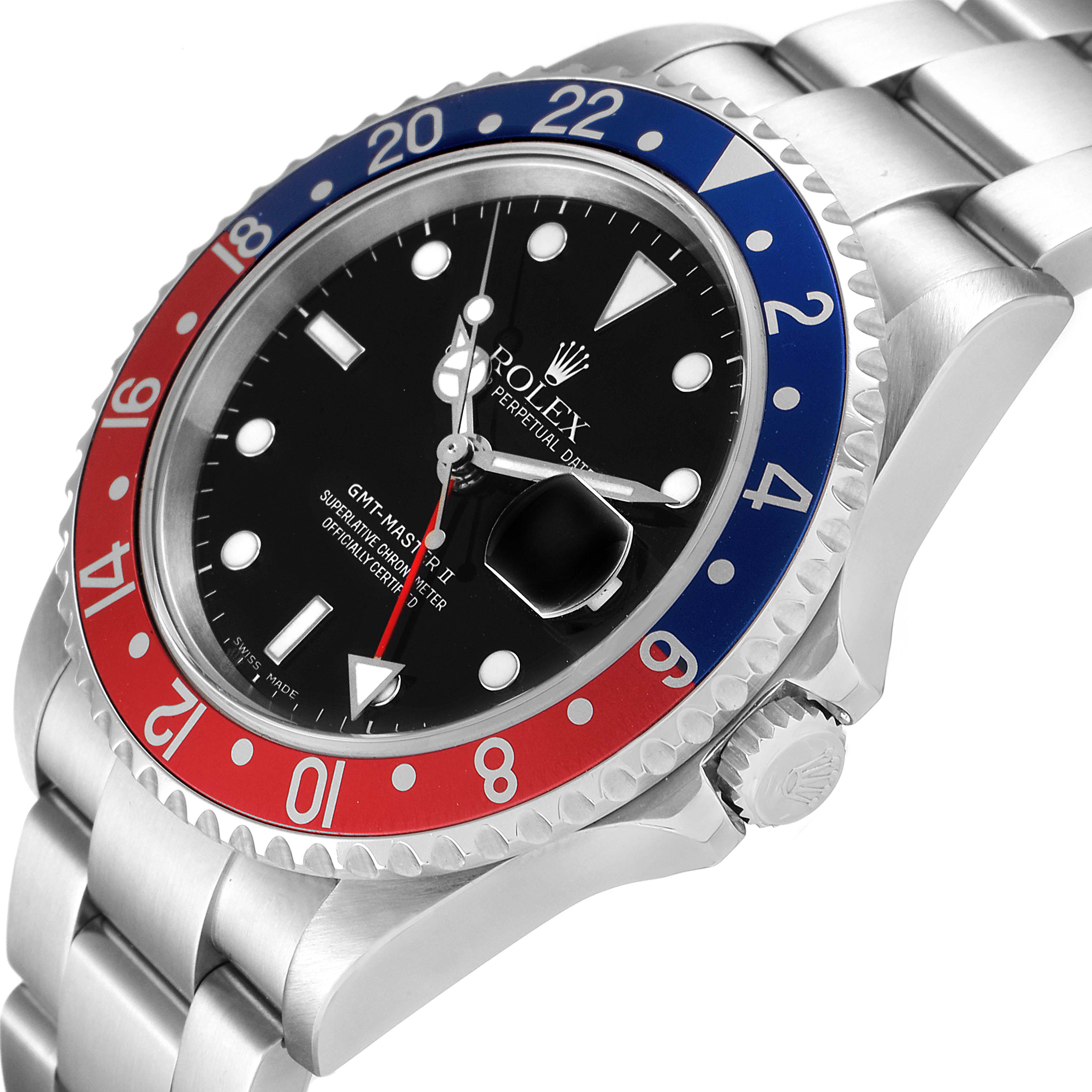 The image shows a side angle of a Rolex GMT-Master 16710 Men
s Stainless Steel Black Dial 16710 Men
s Stainless Steel Black Dial model, highlighting its red and blue bezel, black dial, bracelet, and crown.