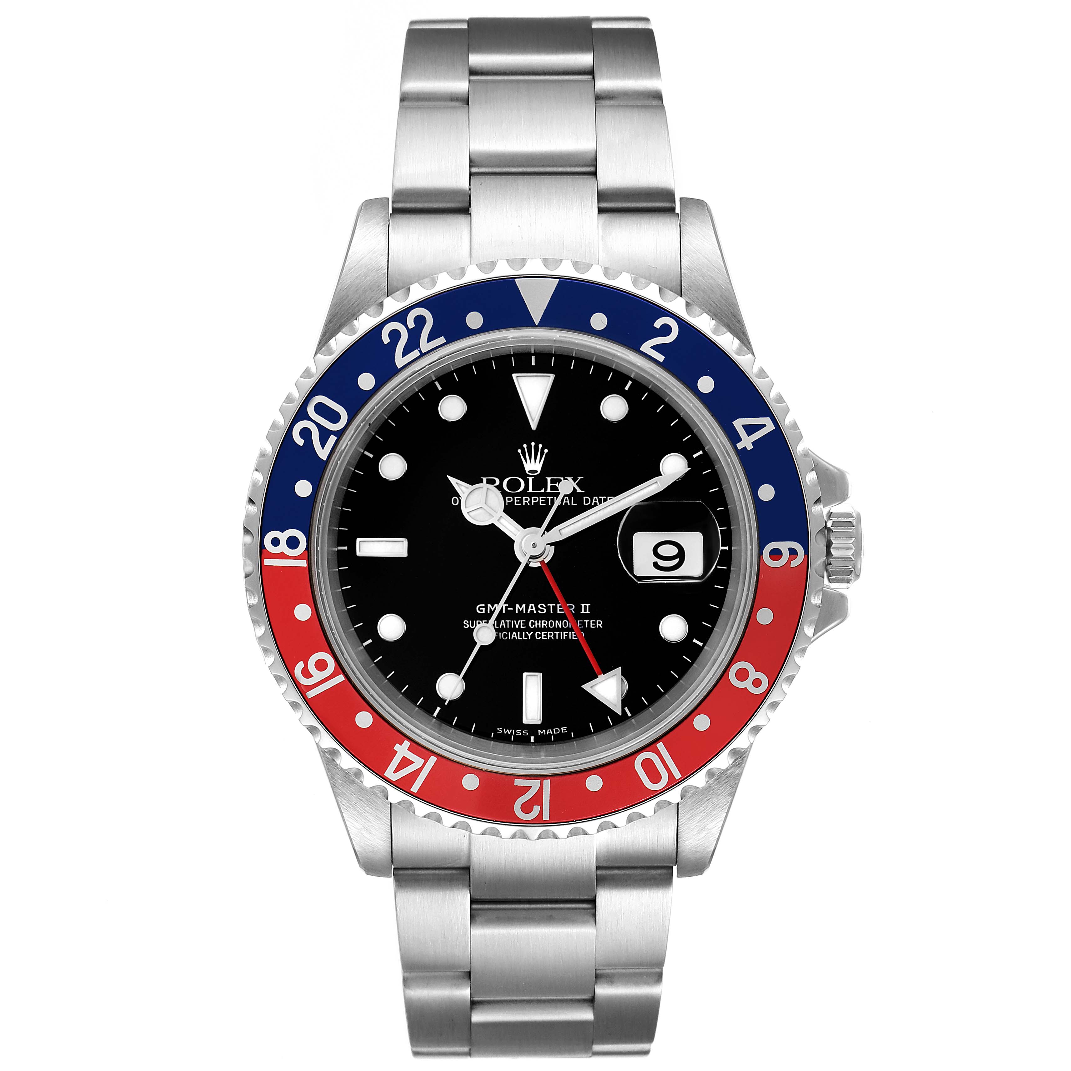 This image shows the front view of the Rolex GMT-Master 16710 Men
s Stainless Steel Black Dial 16710 Men
s Stainless Steel Black Dial II watch, displaying its bezel, dial, and bracelet.
