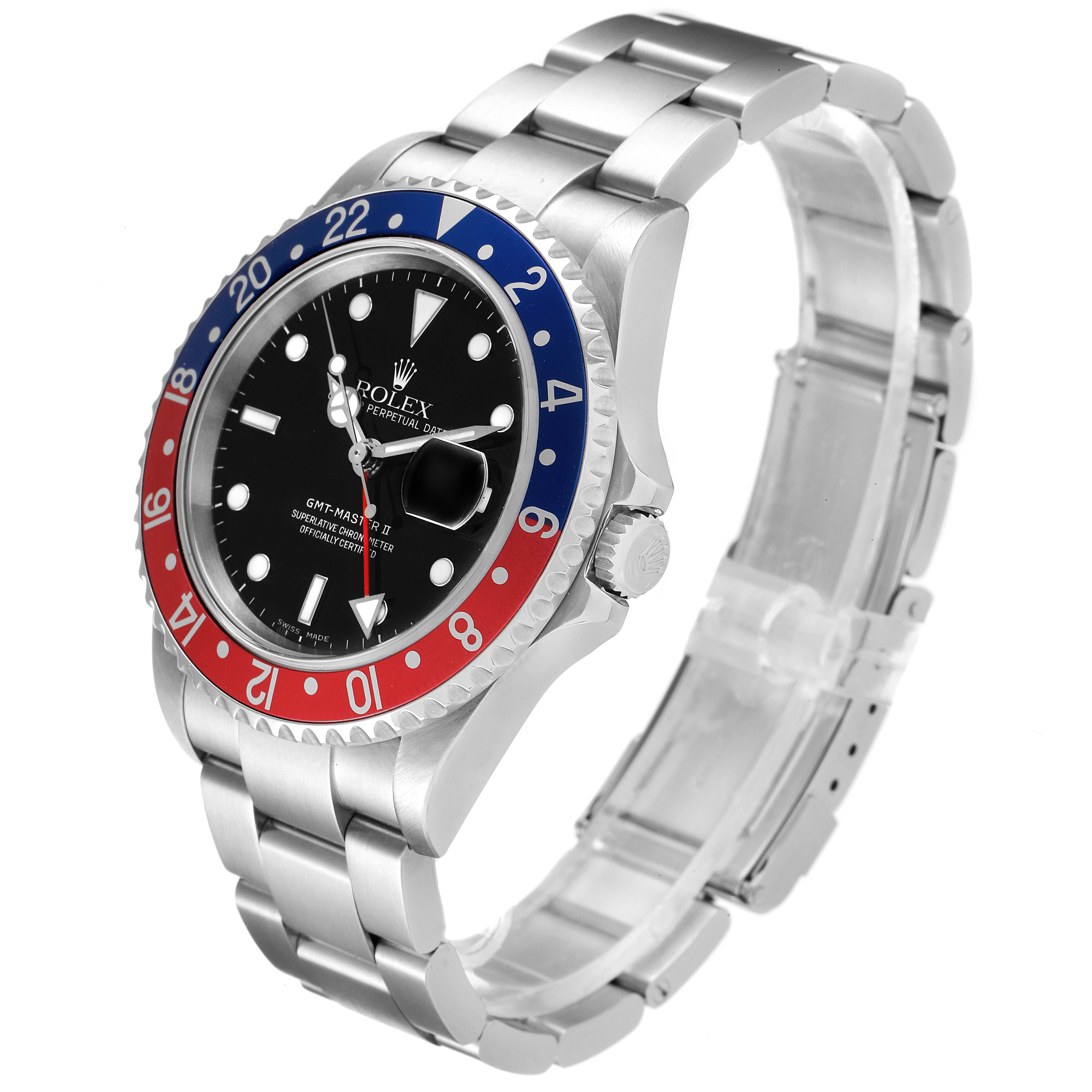 The image shows a side angle of a Rolex GMT-Master 16710 Men
s Stainless Steel Black Dial 16710 Men
s Stainless Steel Black Dial II watch, showcasing its stainless steel band and red and blue bezel.
