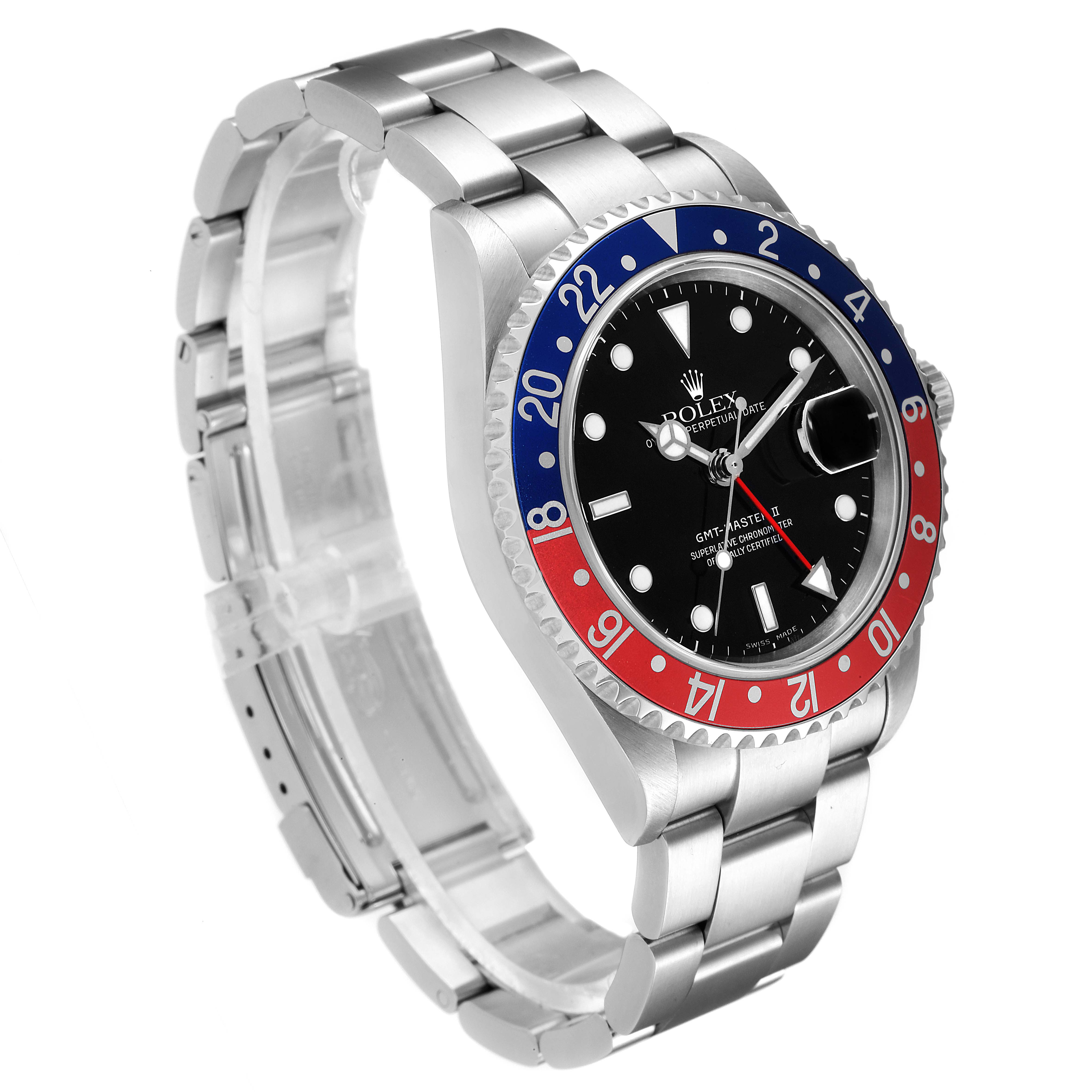 This image shows a side angle of a Rolex GMT-Master 16710 Men
s Stainless Steel Black Dial 16710 Men
s Stainless Steel Black Dial watch, displaying the bezel, dial, and bracelet.