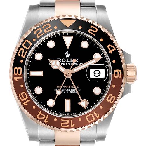 The Rolex GMT-Master model is shown from a front angle, displaying the dial, bezel, crown, and part of the bracelet.