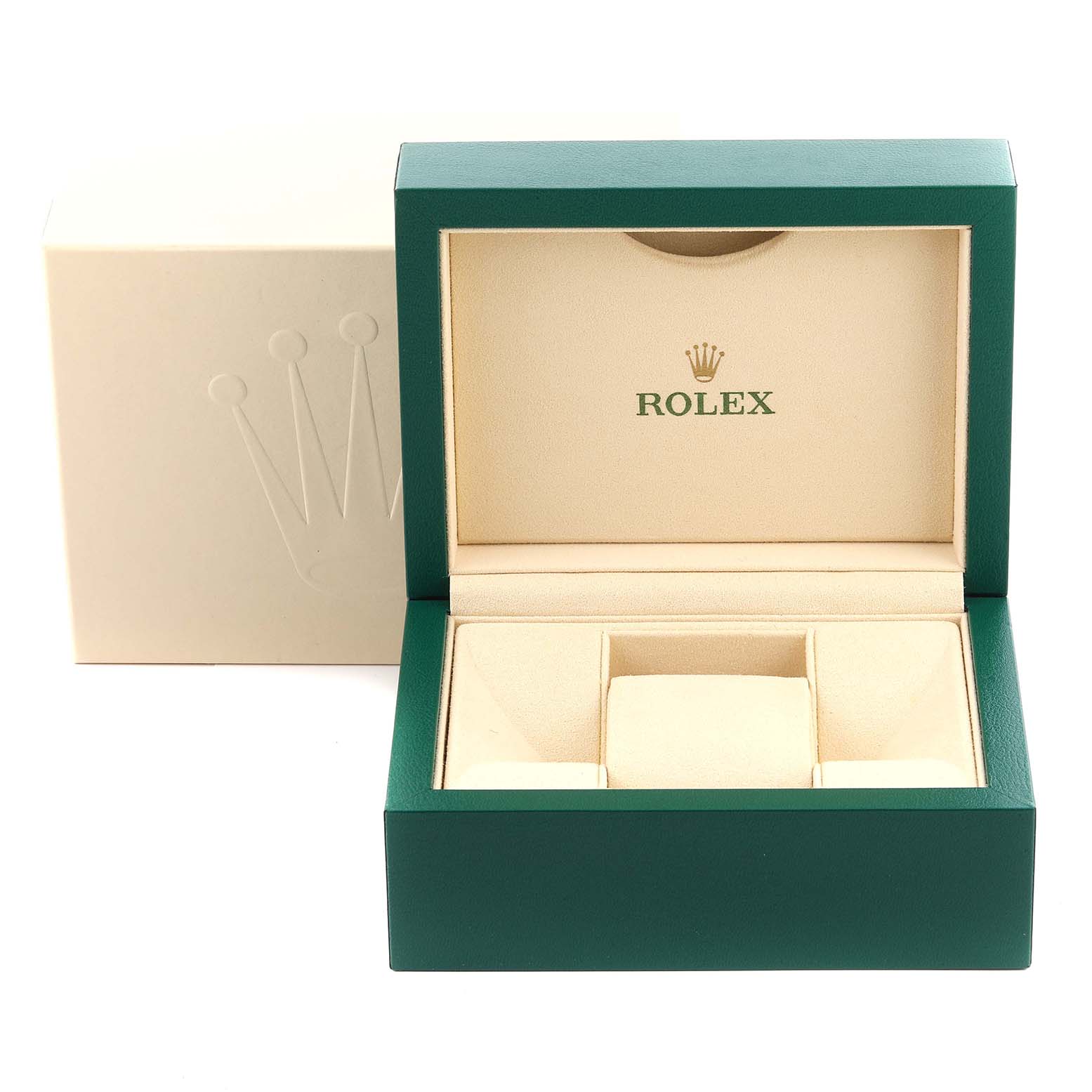 The image shows an open Rolex box for the GMT-Master model, featuring its interior with a cushion for the watch.