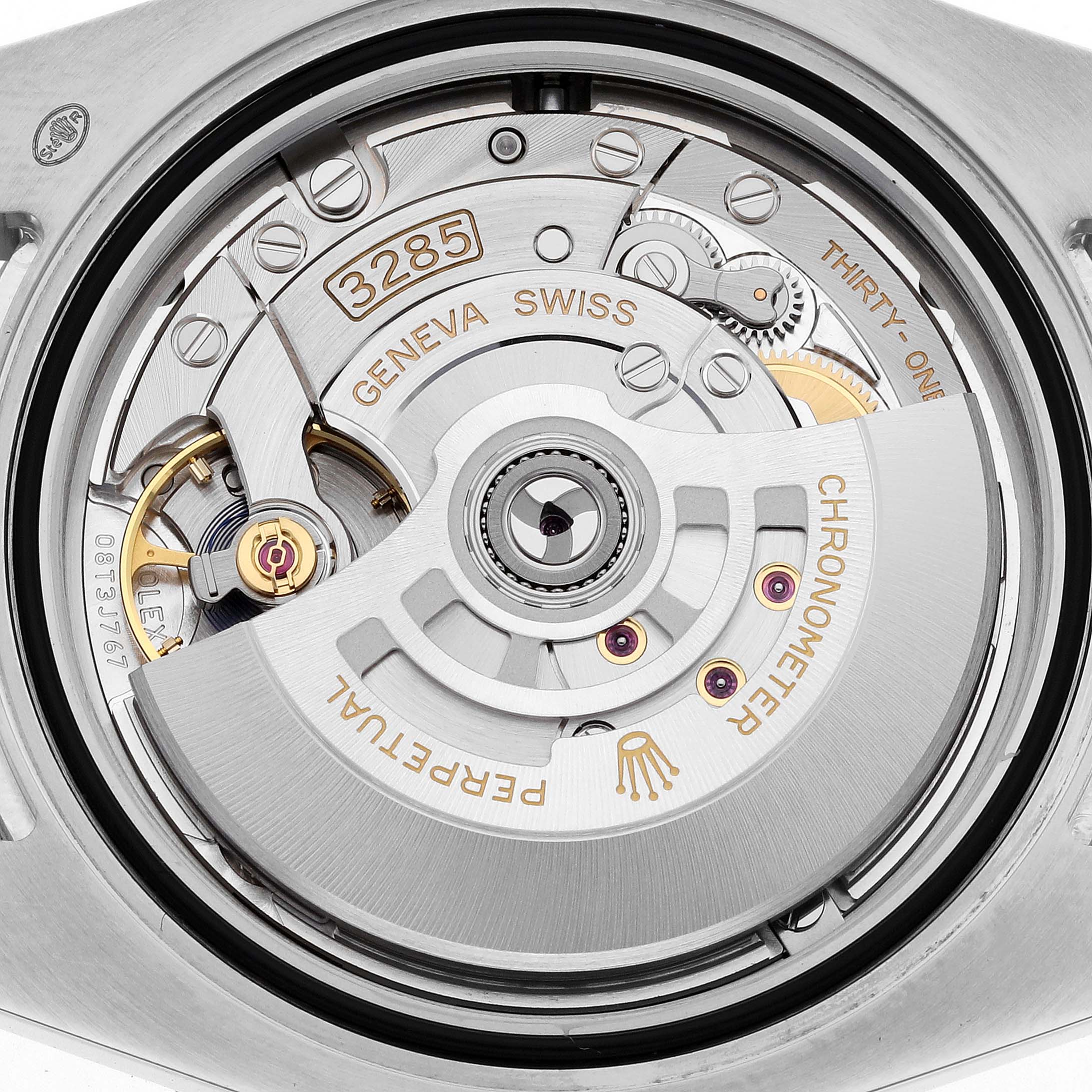 The image shows the back view of a Rolex GMT-Master 126711 Men's Steel and Gold (two tone) Black Dial 126711 Men's Steel and Gold (two tone) Black Dial, highlighting the internal movement and rotor.