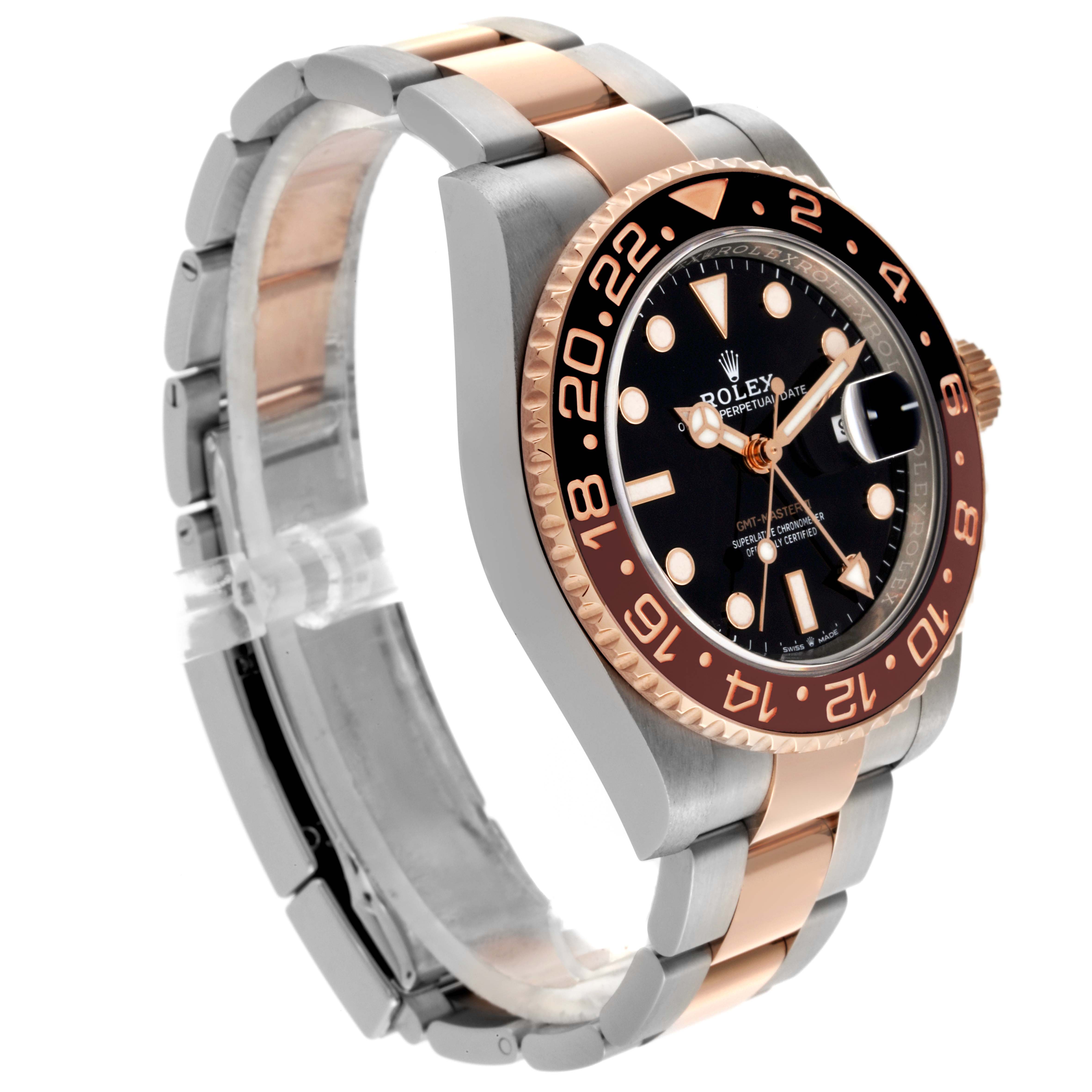 The Rolex GMT-Master 126711 Men's Steel and Gold (two tone) Black Dial 126711 Men's Steel and Gold (two tone) Black Dial watch is shown at an angled side view, displaying the face, bezel, crown, and bracelet.