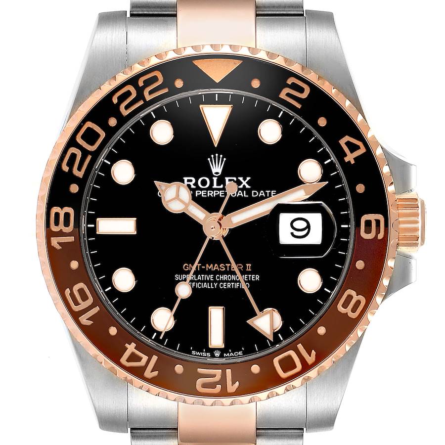 The Rolex GMT-Master watch is shown from the front, displaying its black dial, rose gold bezel, and date feature.