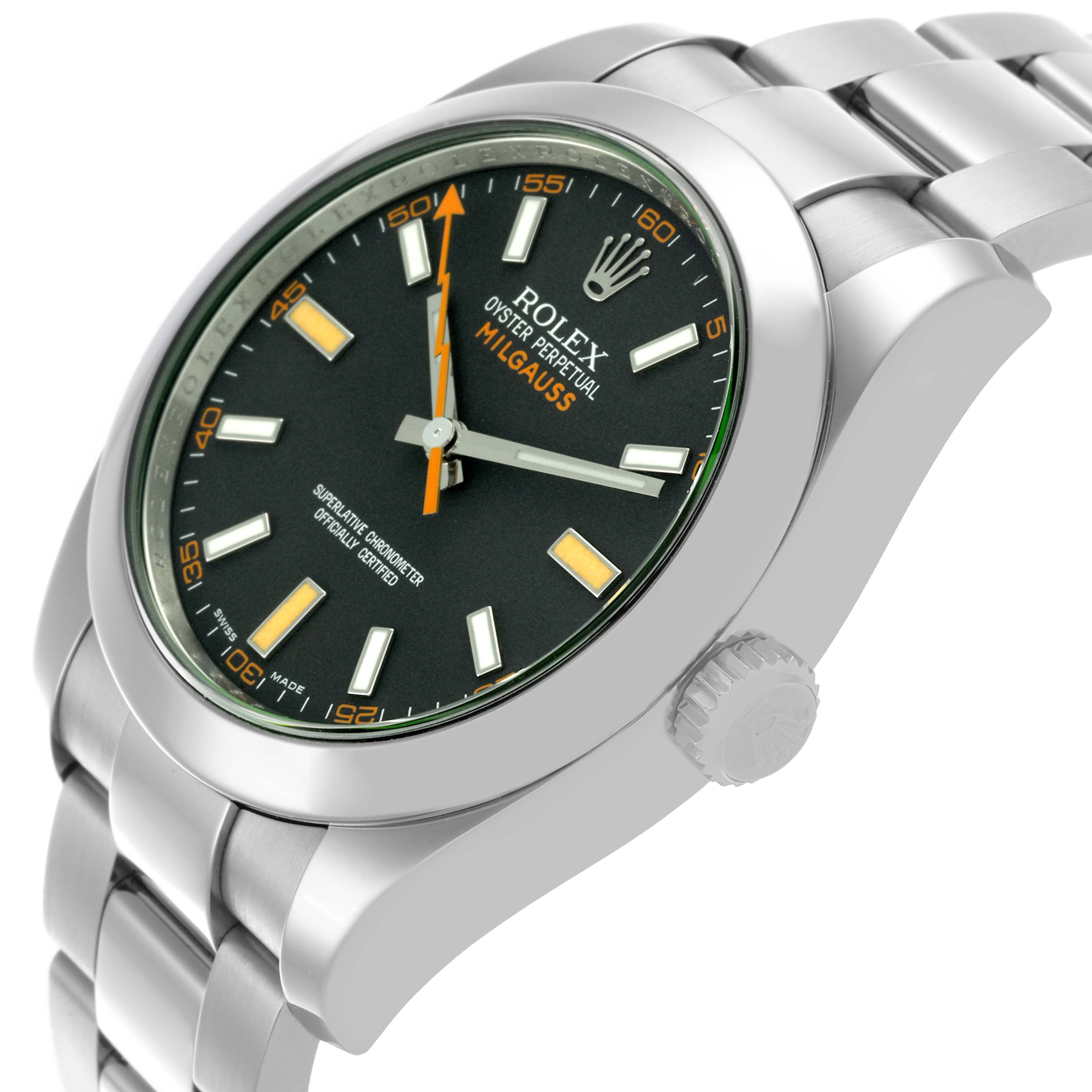 The Rolex Milgauss 116400GV Men's Stainless Steel Black Dial 116400GV Men's Stainless Steel Black Dial watch is shown at a slight angle, highlighting the face, bezel, crown, and bracelet.
