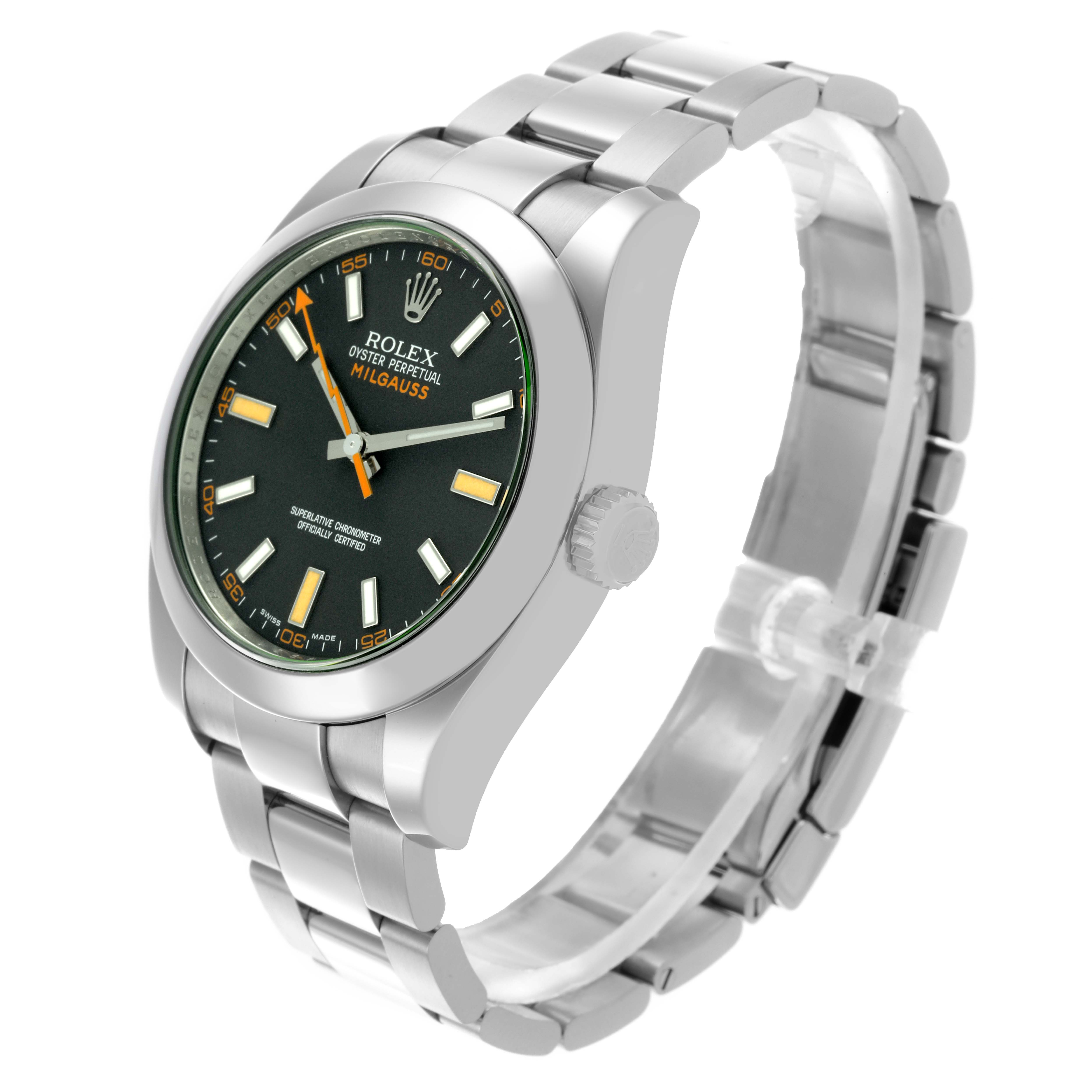 The Rolex Milgauss 116400GV Men's Stainless Steel Black Dial 116400GV Men's Stainless Steel Black Dial watch is shown from a front-right angle, highlighting the face, bezel, crown, and band.
