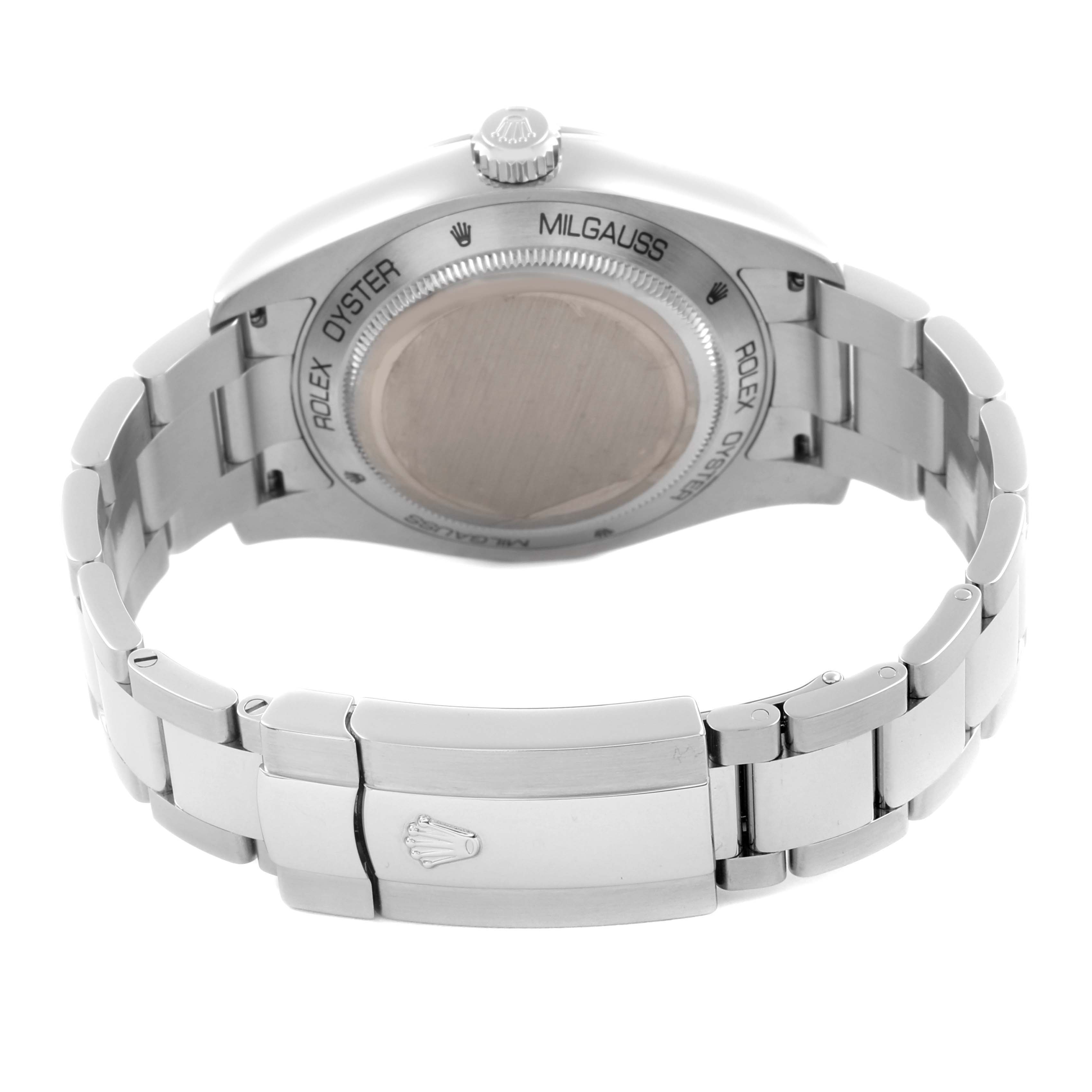 The image shows the back view of the Rolex Milgauss 116400GV Men's Stainless Steel Black Dial 116400GV Men's Stainless Steel Black Dial watch, highlighting its bracelet and clasp.