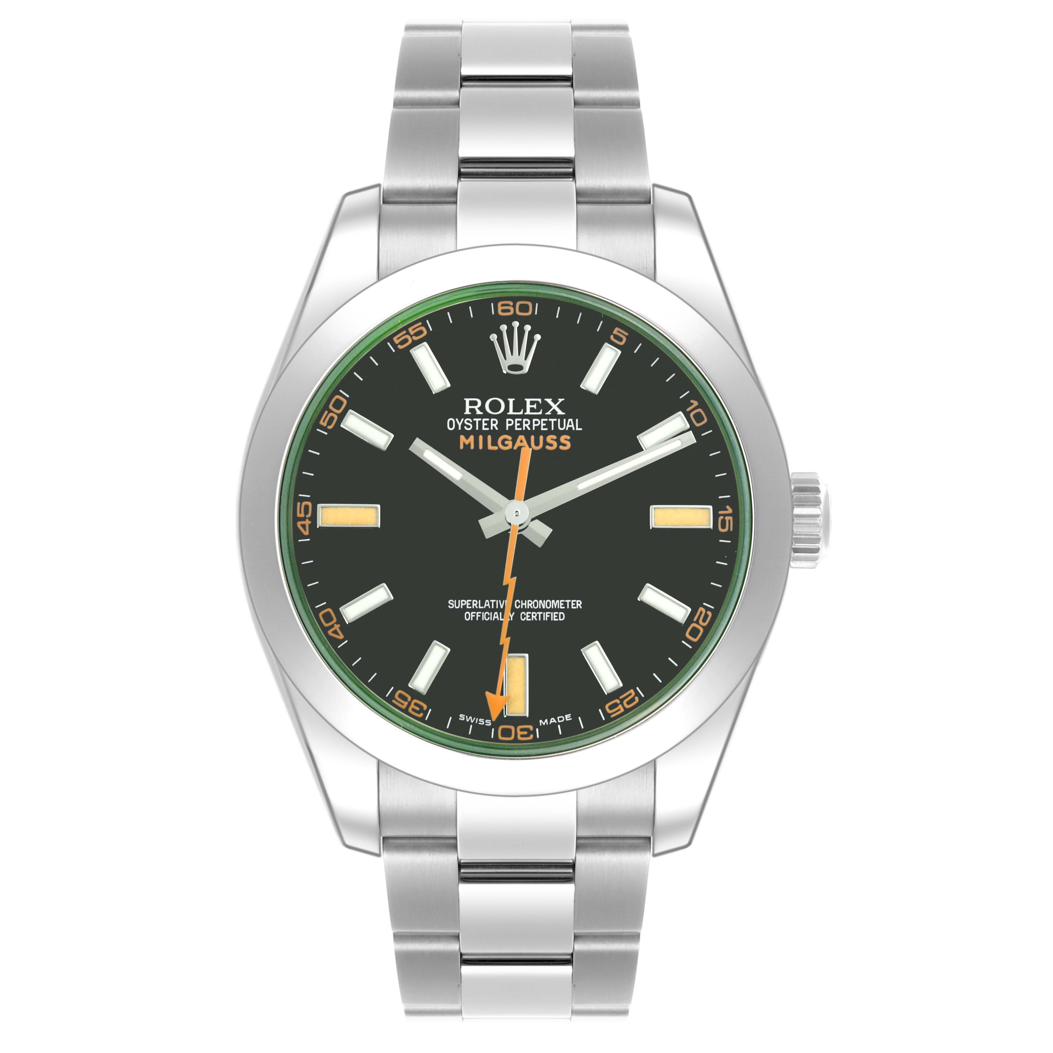 The Rolex Milgauss 116400GV Men's Stainless Steel Black Dial 116400GV Men's Stainless Steel Black Dial watch is shown from a front angle, displaying the dial, case, bracelet, and crown.