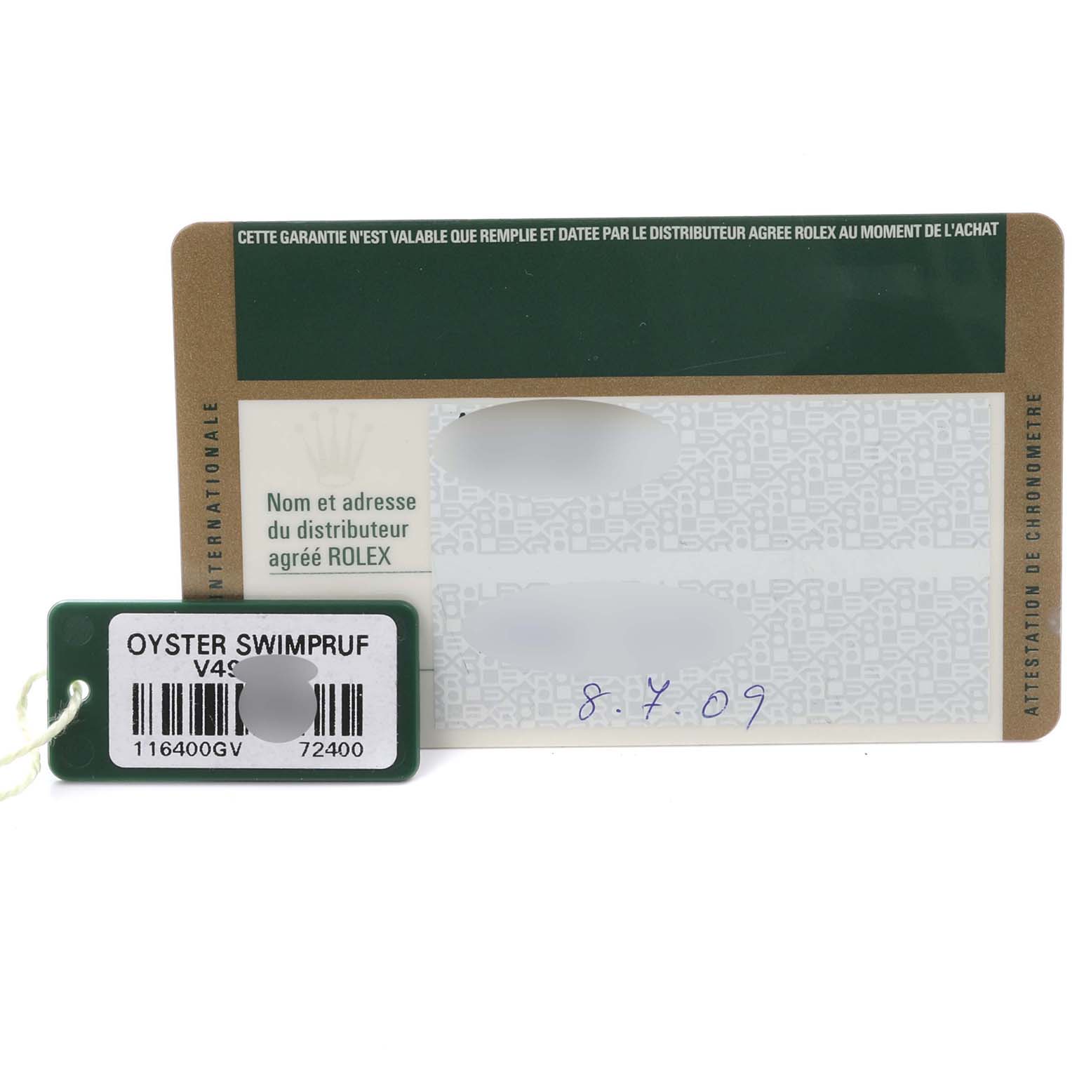 The image shows a Rolex Milgauss 116400GV Men's Stainless Steel Black Dial 116400GV Men's Stainless Steel Black Dial model warranty card and an Oyster Swimpruf tag.