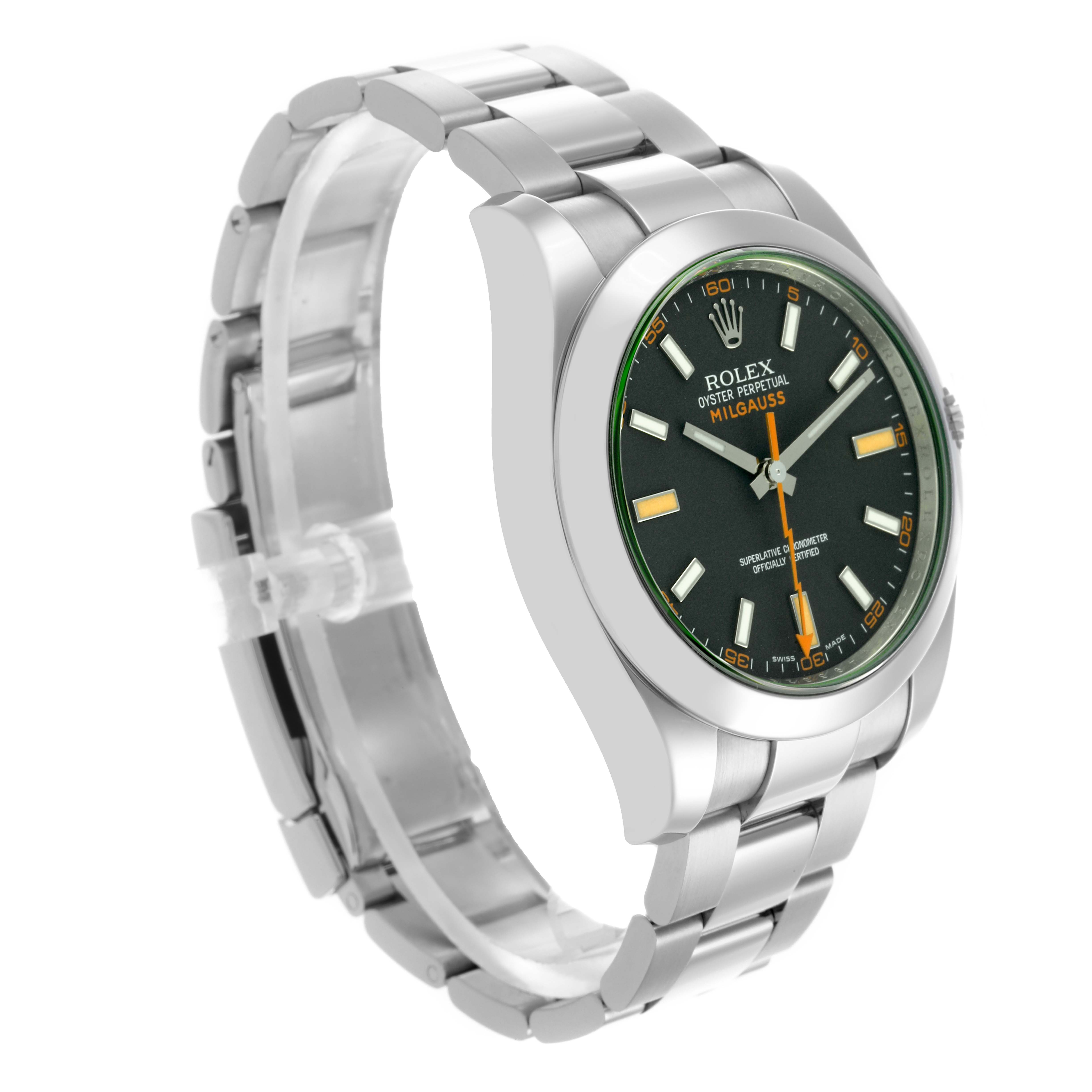 The Rolex Milgauss 116400GV Men's Stainless Steel Black Dial 116400GV Men's Stainless Steel Black Dial watch is shown at a three-quarter angle, highlighting the face, bezel, and bracelet.