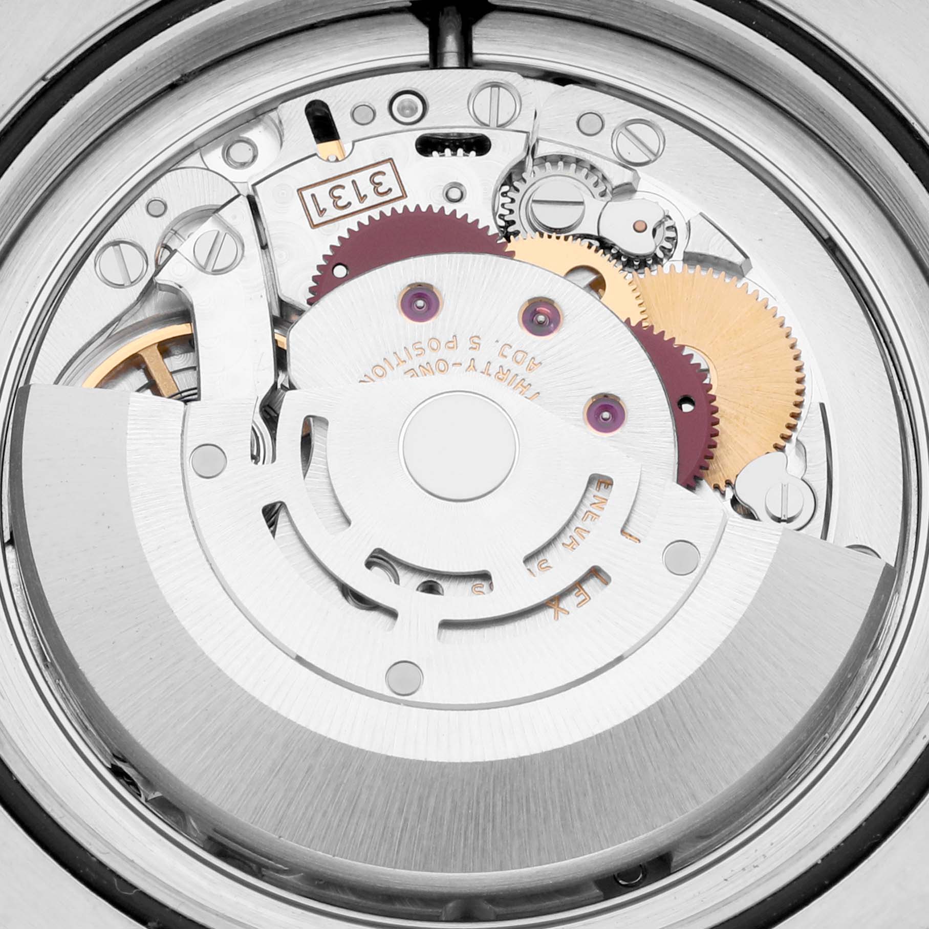 The image shows the intricate movement mechanism of a Rolex Milgauss 116400GV Men's Stainless Steel Black Dial 116400GV Men's Stainless Steel Black Dial watch through a top-down view.