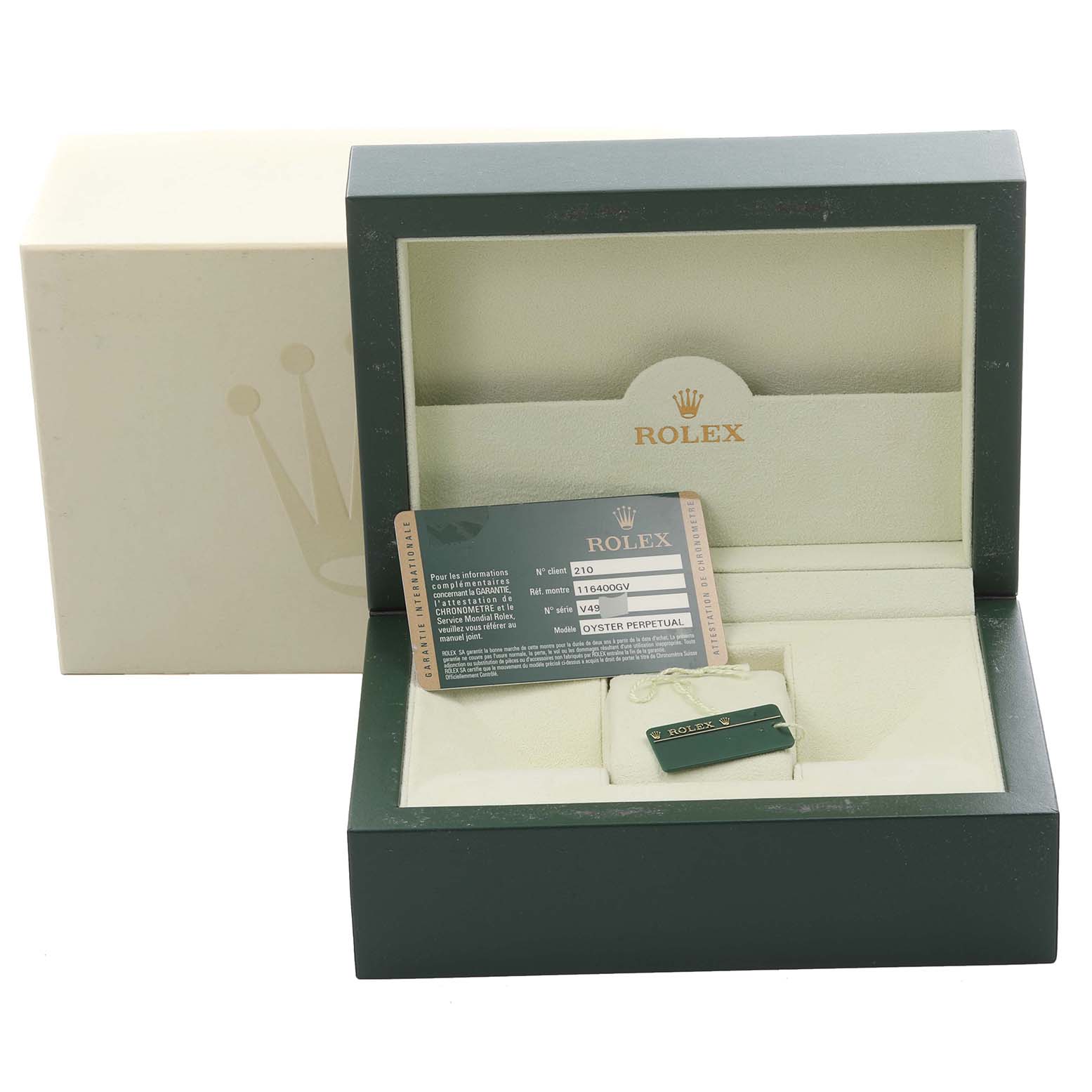 The image shows the Rolex Milgauss 116400GV Men's Stainless Steel Black Dial 116400GV Men's Stainless Steel Black Dial packaging, warranty card, and accessories from a top-front angle.