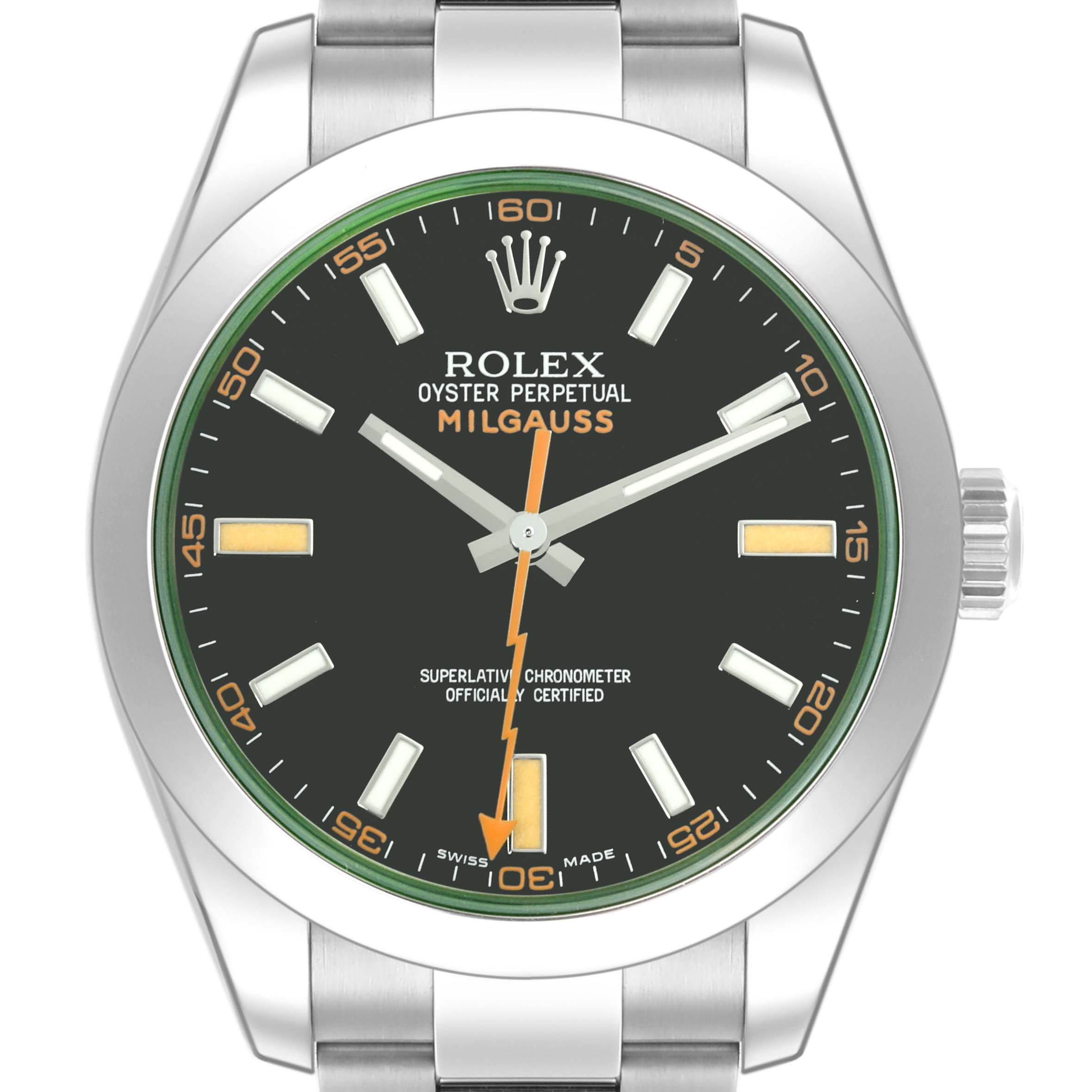 The Rolex Milgauss 116400GV Men's Stainless Steel Black Dial 116400GV Men's Stainless Steel Black Dial watch is shown from the front, highlighting its green dial and silver case.