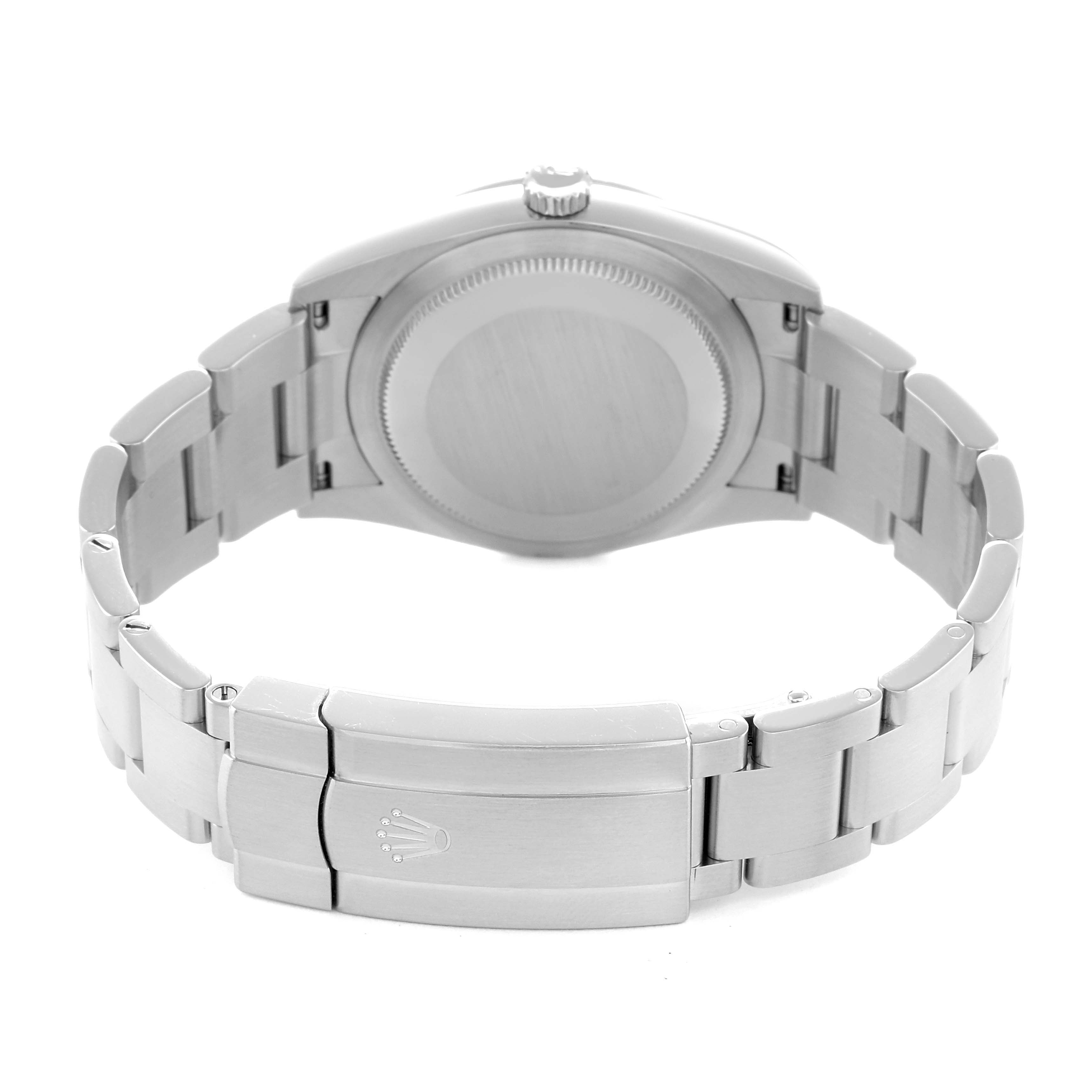 The image shows the back view of the Rolex Oyster Perpetual 124200 Men
s Stainless Steel Silver Dial, highlighting the bracelet and clasp.