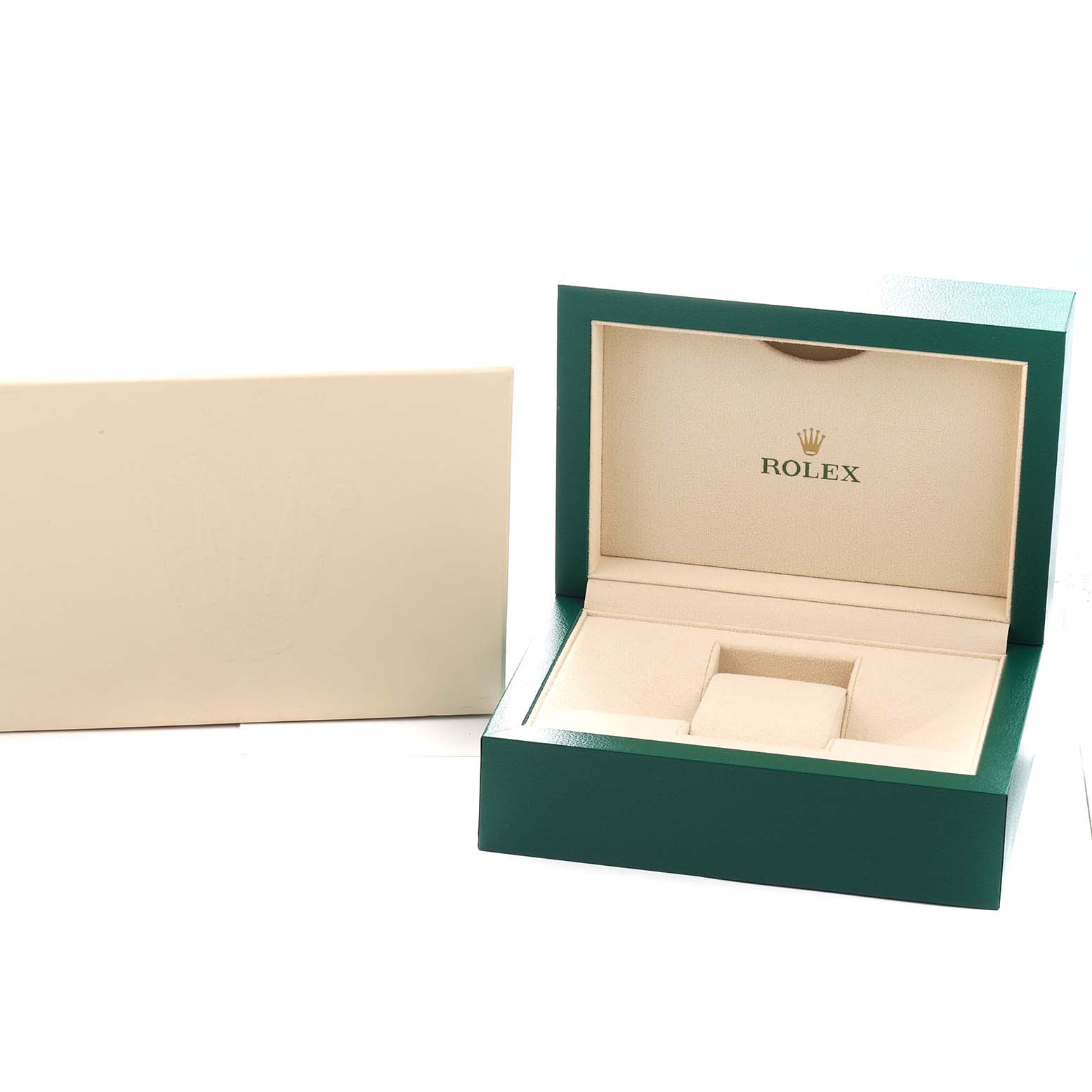 The image shows a Rolex Oyster Perpetual 124200 Men
s Stainless Steel Silver Dial watch box, opened with the interior and outer box visible from an angled top view.