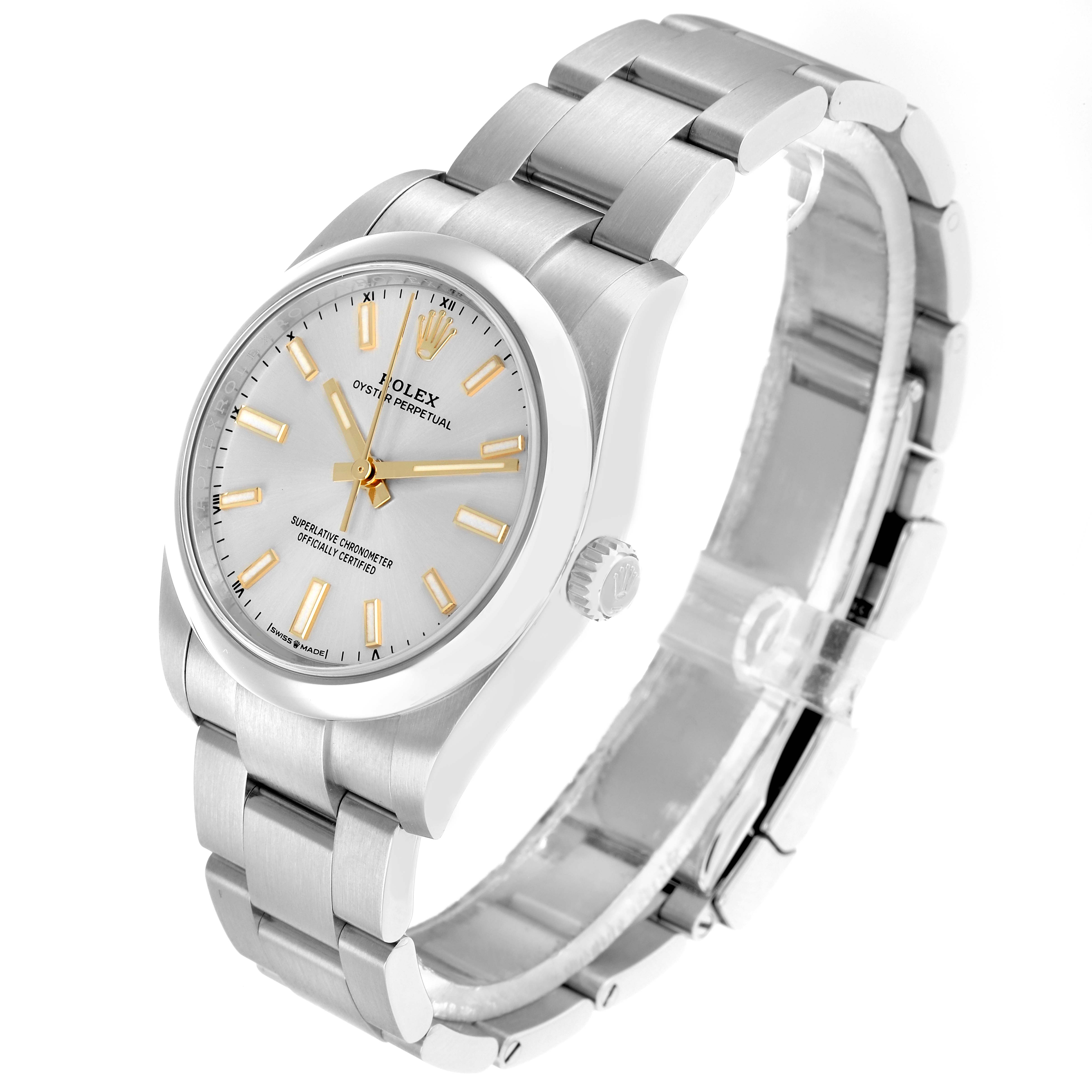 The Rolex Oyster Perpetual 124200 Men
s Stainless Steel Silver Dial watch is shown at a side angle, displaying the dial, crown, and bracelet.