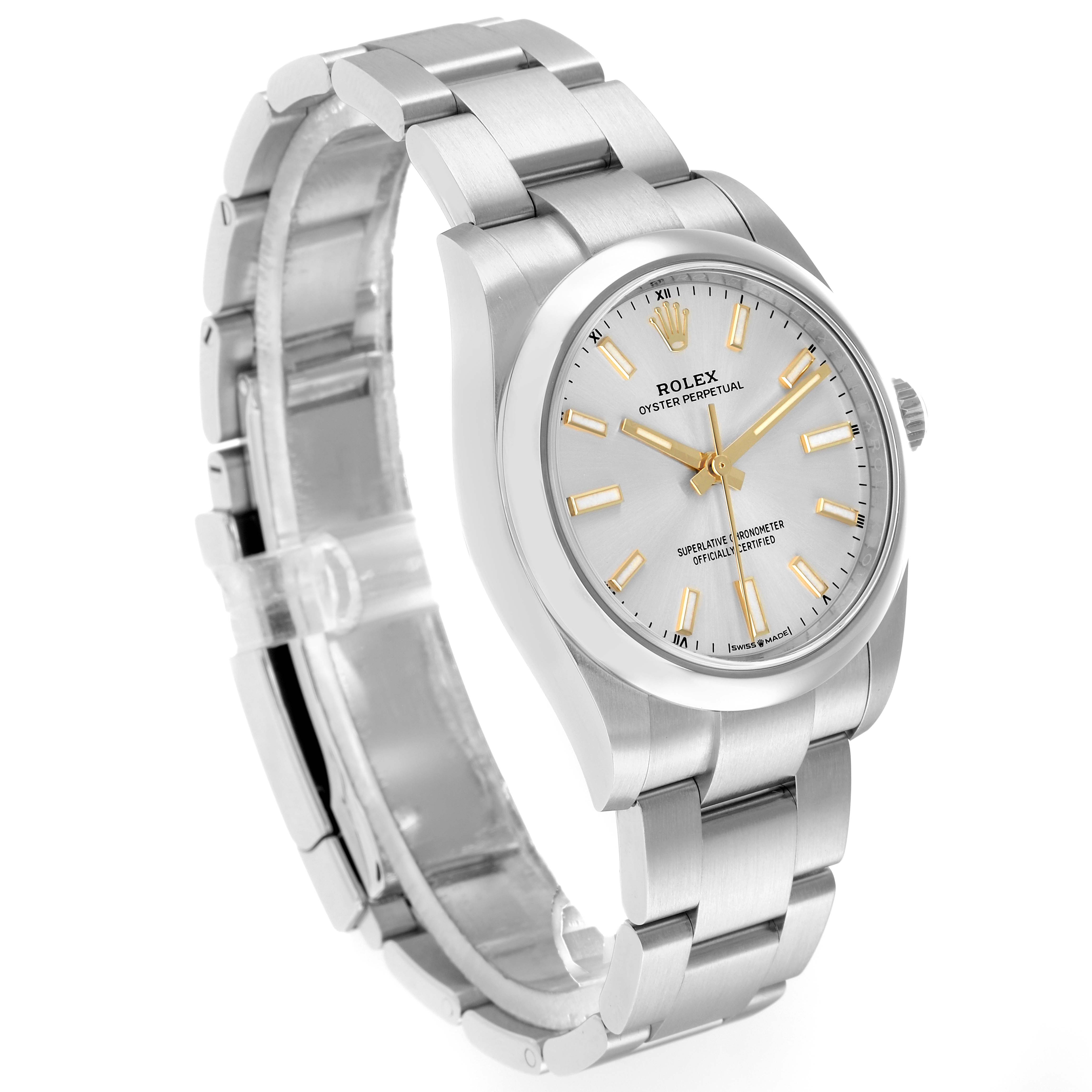 The Rolex Oyster Perpetual 124200 Men
s Stainless Steel Silver Dial watch is shown at a three-quarter angle, displaying the face, bezel, and bracelet.