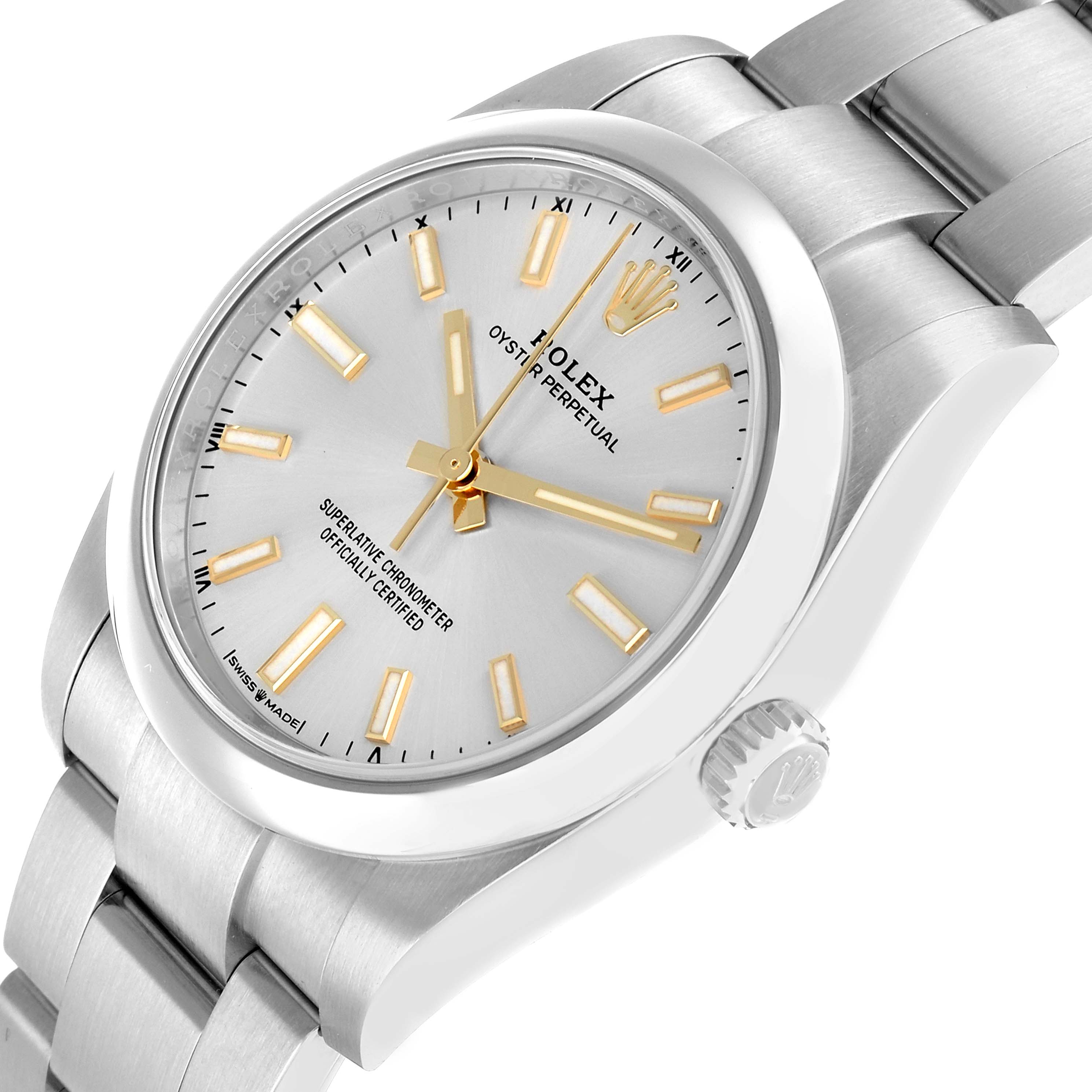 The Rolex Oyster Perpetual 124200 Men
s Stainless Steel Silver Dial watch is shown at a tilted angle, highlighting the dial, bezel, crown, and part of the bracelet.