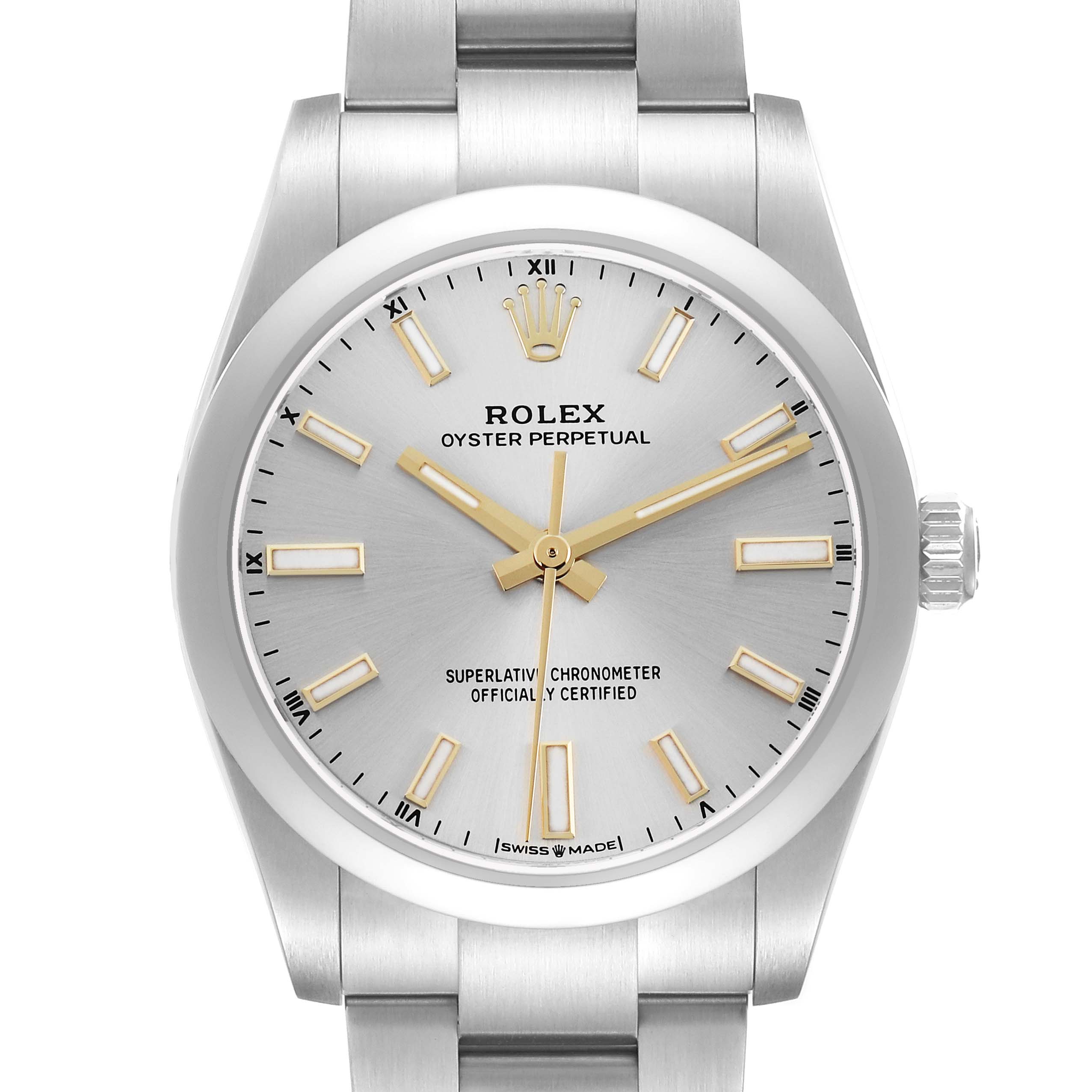 The image shows a Rolex Oyster Perpetual 124200 Men
s Stainless Steel Silver Dial watch from the front, highlighting the dial, bezel, crown, and part of the bracelet.