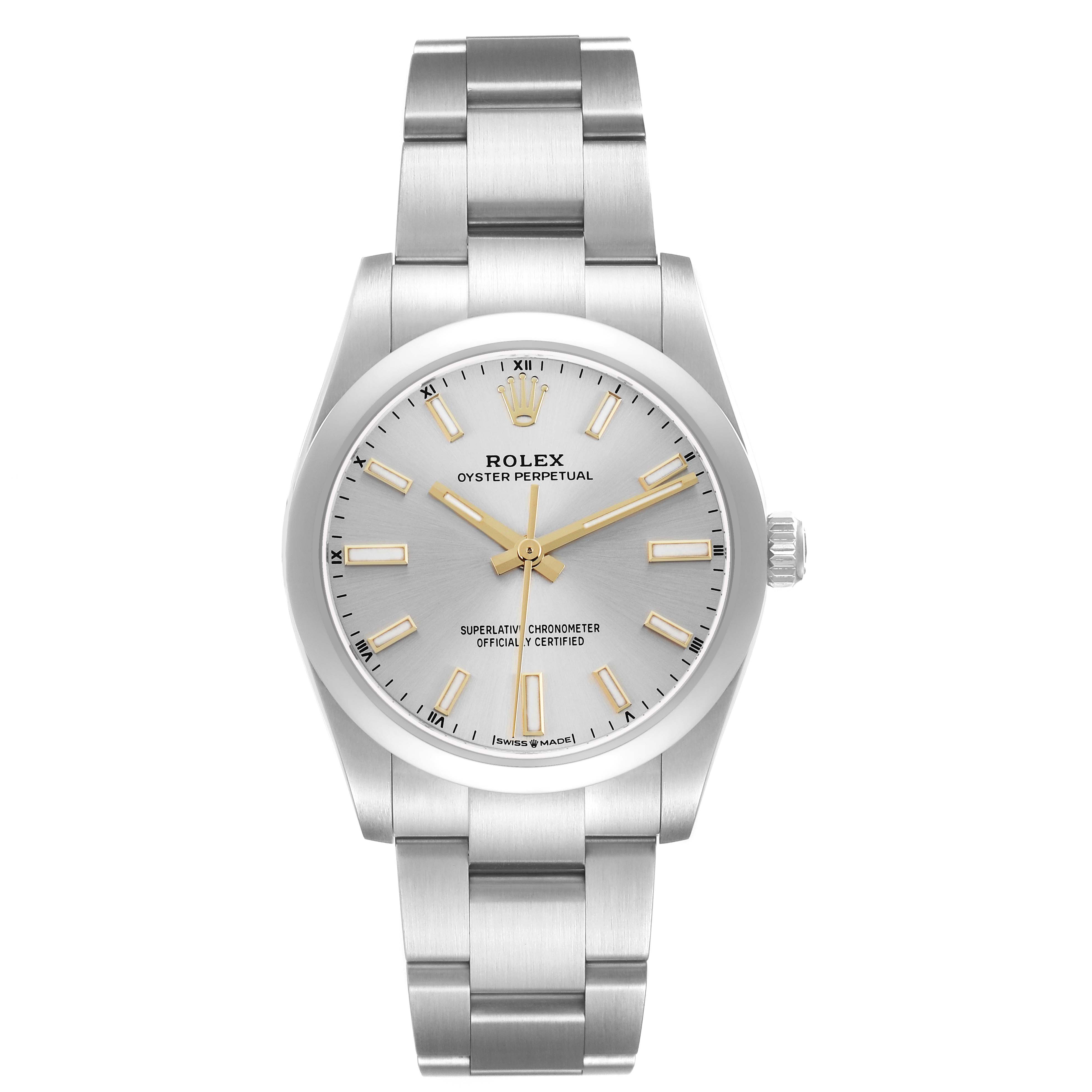 The Rolex Oyster Perpetual 124200 Men
s Stainless Steel Silver Dial watch is shown from a top-down view, displaying the face and bracelet.