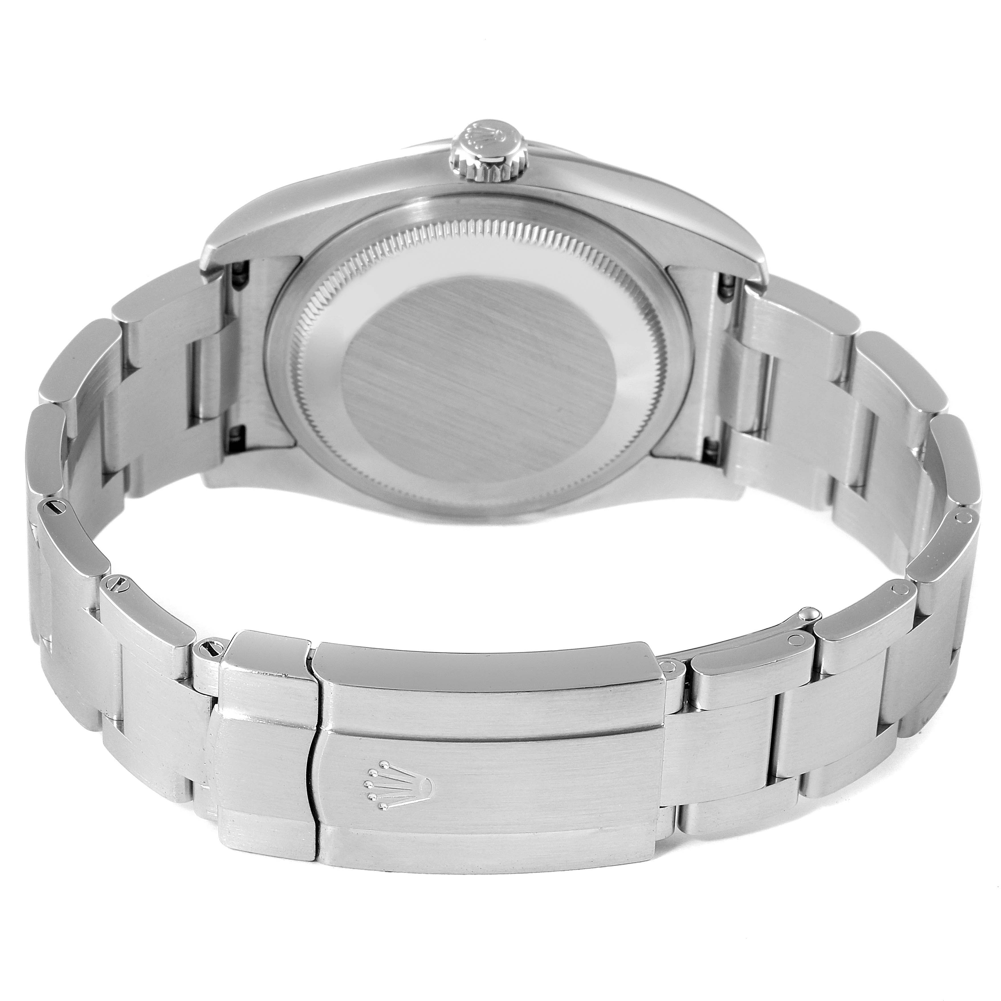 The image shows the back view of a Rolex Oyster Perpetual 116000 Men's Stainless Steel Silver Dial 116000 Men's Stainless Steel Silver Dial watch, highlighting the case back and bracelet with a clasp.