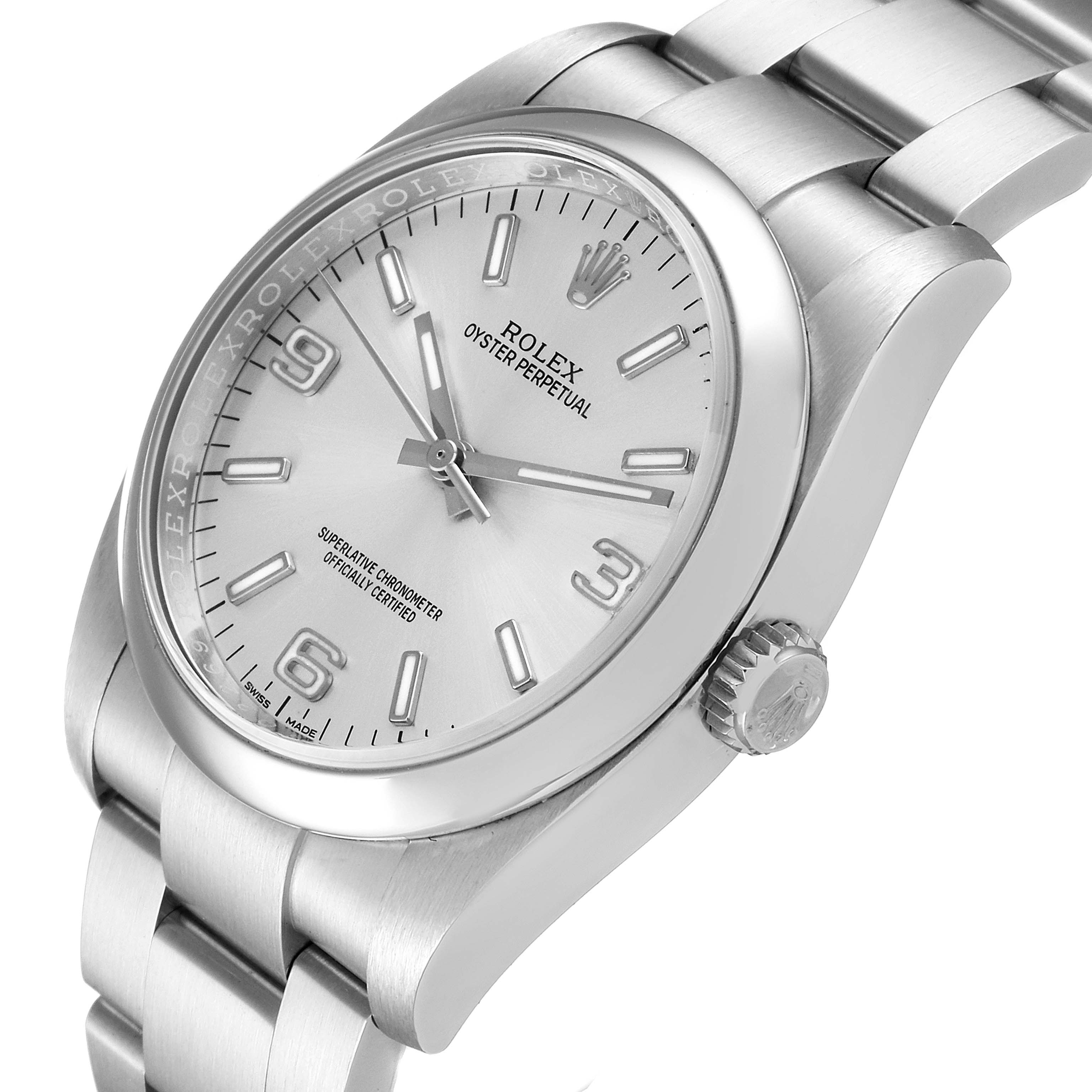 This image shows a side view of the Rolex Oyster Perpetual 116000 Men's Stainless Steel Silver Dial 116000 Men's Stainless Steel Silver Dial watch, highlighting the dial, crown, and bracelet.