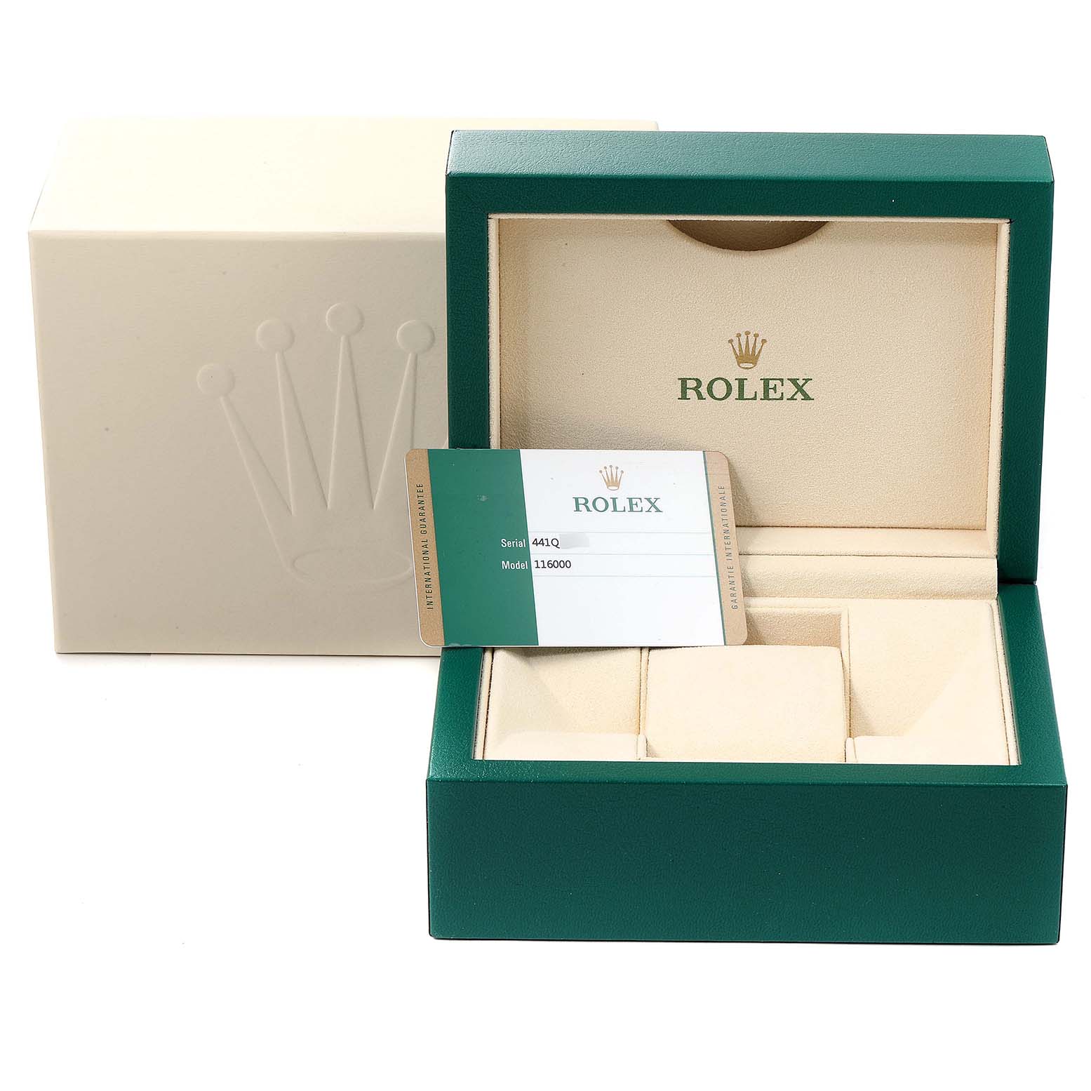 This image shows a Rolex Oyster Perpetual 116000 Men's Stainless Steel Silver Dial 116000 Men's Stainless Steel Silver Dial model watch's green and beige packaging box, and the authentication card.