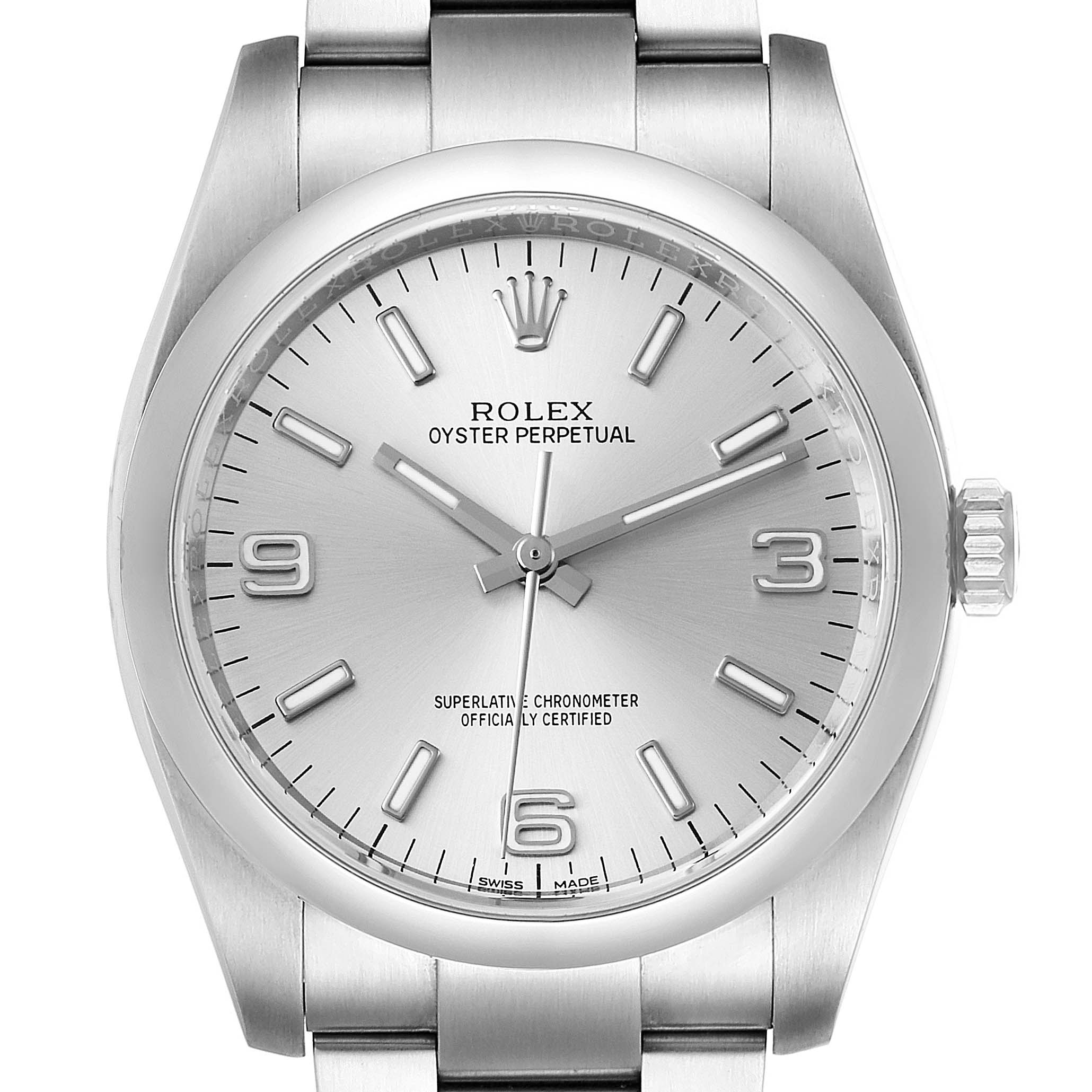 The image shows a front view of the Rolex Oyster Perpetual 116000 Men's Stainless Steel Silver Dial 116000 Men's Stainless Steel Silver Dial watch, highlighting the dial, hands, crown, and bracelet.