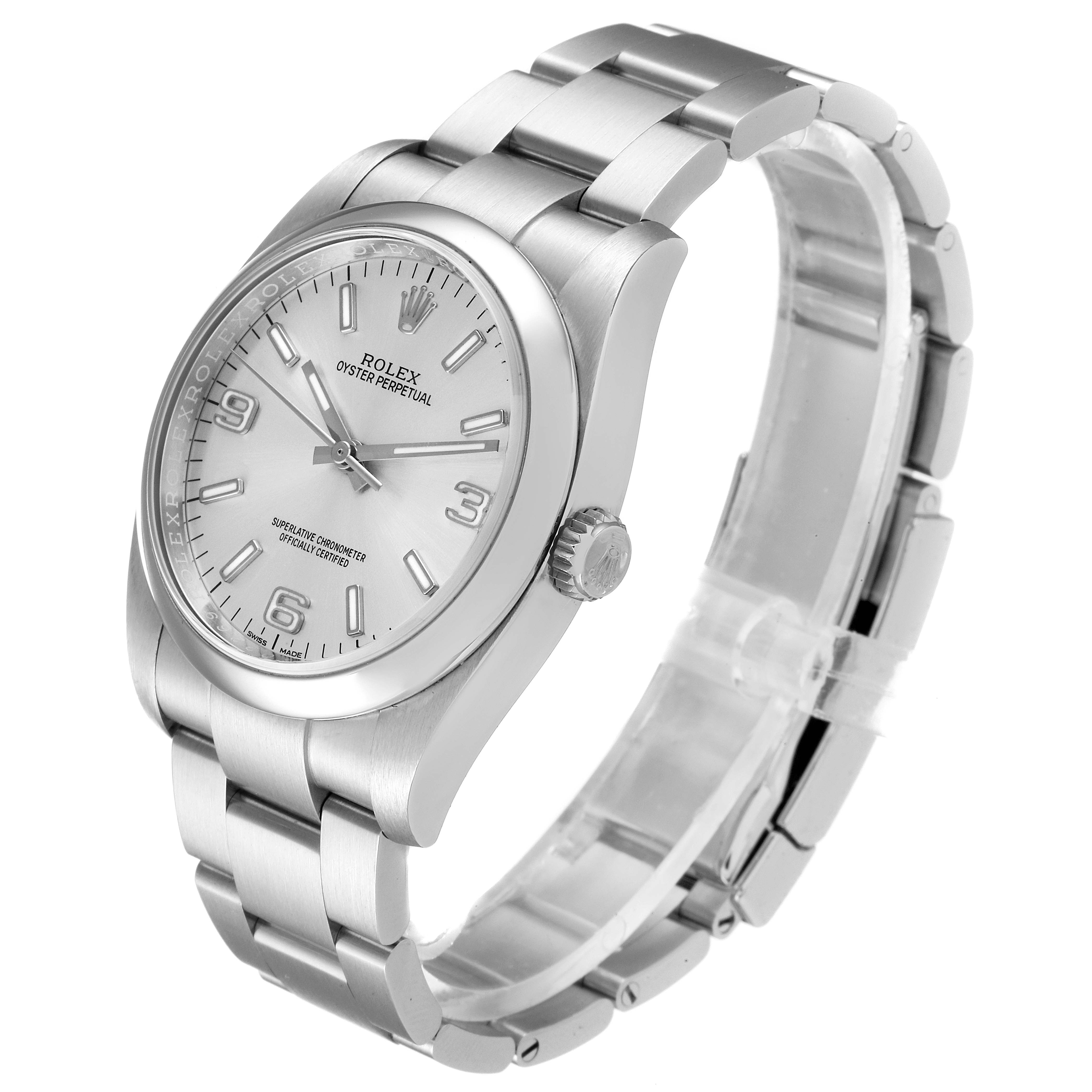 This image shows a side-angle view of a Rolex Oyster Perpetual 116000 Men's Stainless Steel Silver Dial 116000 Men's Stainless Steel Silver Dial watch, highlighting its stainless steel case, bracelet, and dial.