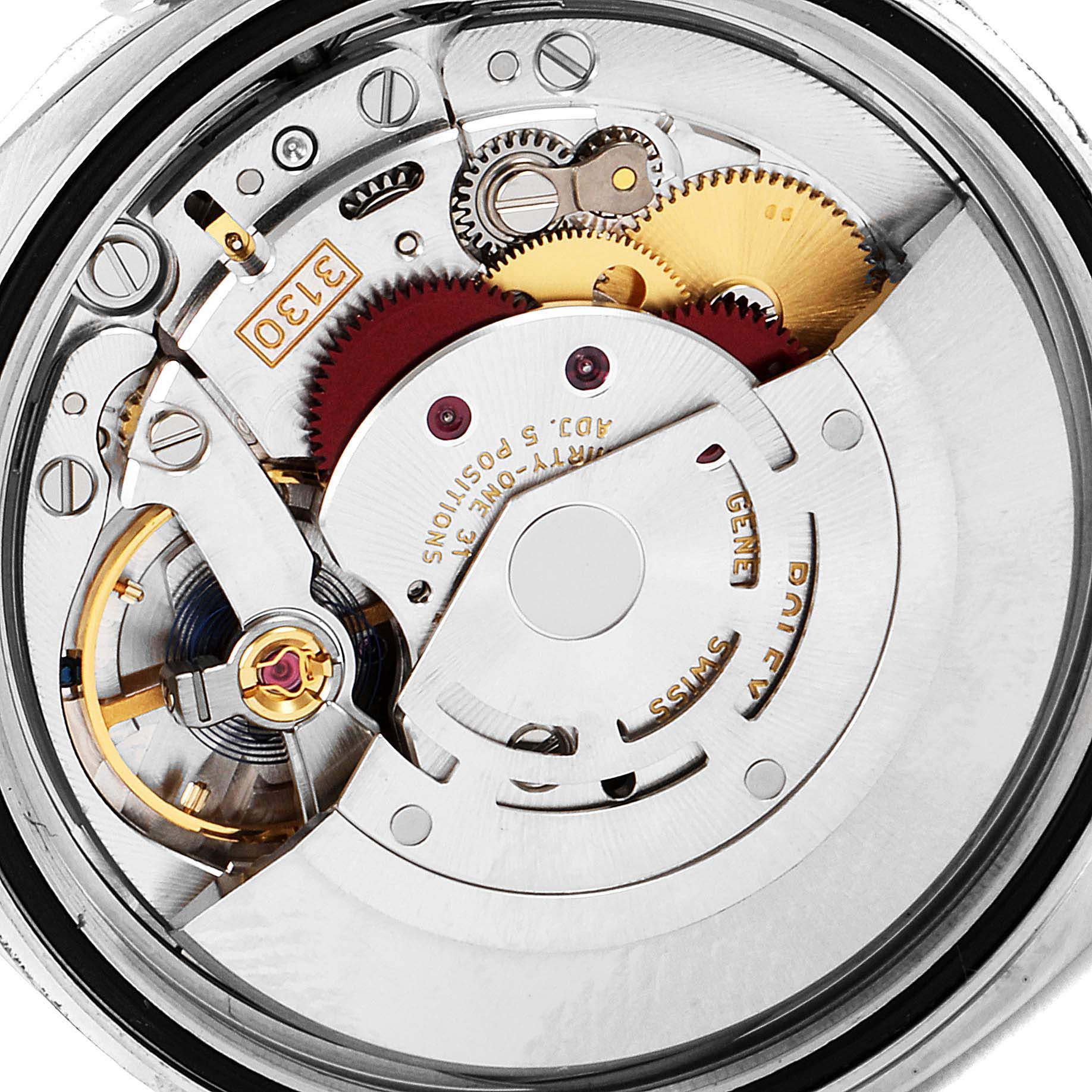The image shows a detailed view of the internal mechanical movement of the Rolex Oyster Perpetual 116000 Men's Stainless Steel Silver Dial 116000 Men's Stainless Steel Silver Dial watch.