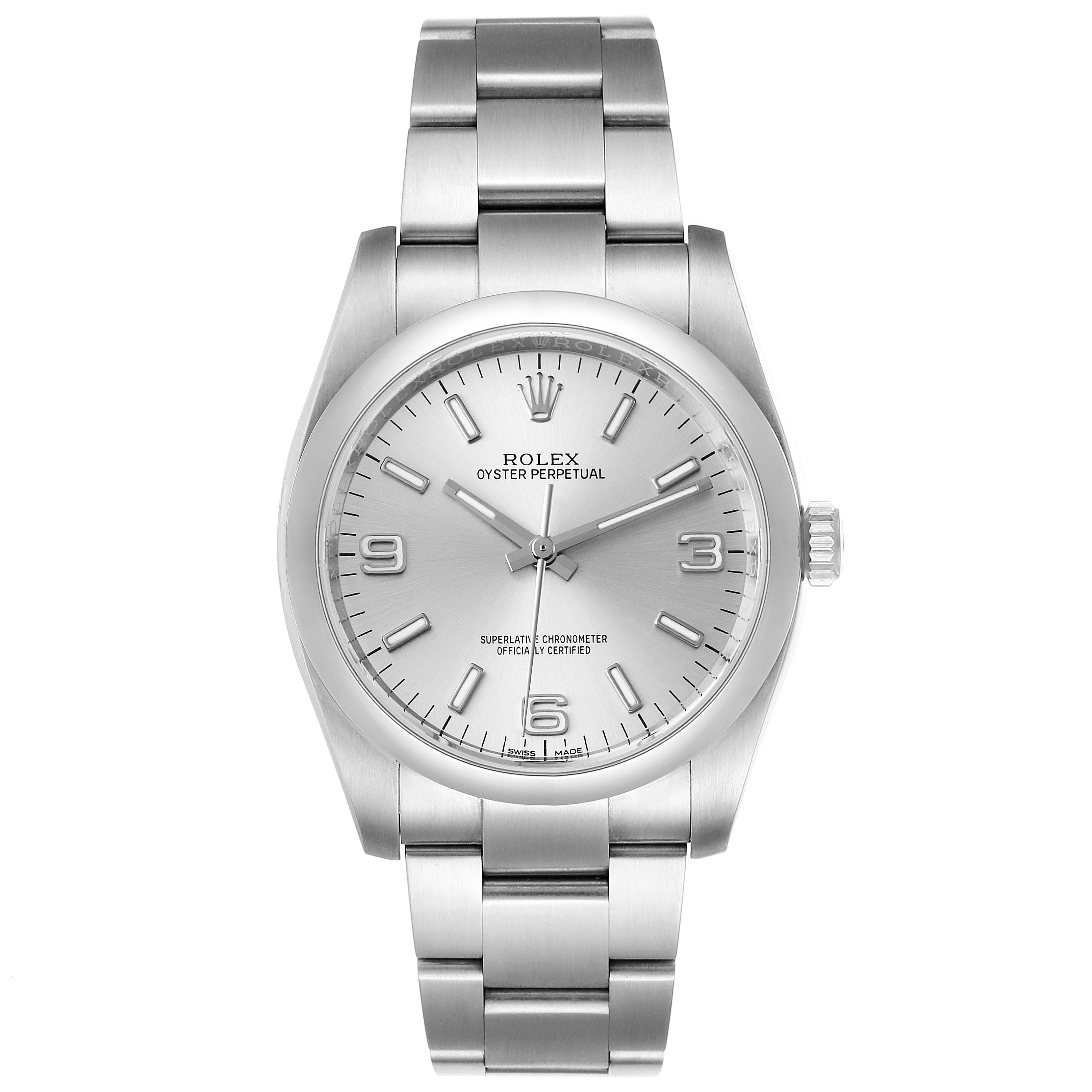 This is a front view of a Rolex Oyster Perpetual 116000 Men's Stainless Steel Silver Dial 116000 Men's Stainless Steel Silver Dial watch, showing the dial, hour markers, hands, and bracelet.
