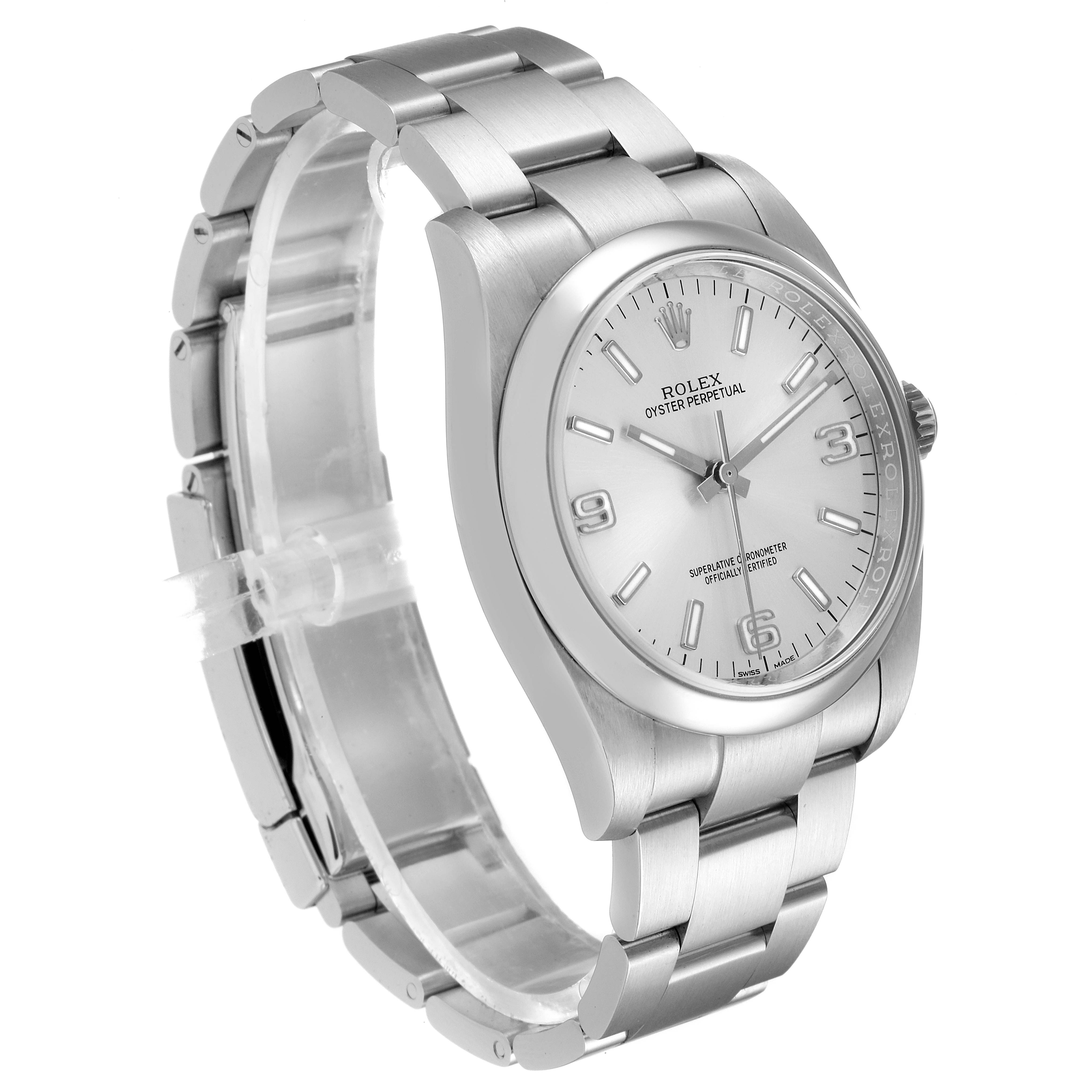 This image shows a Rolex Oyster Perpetual 116000 Men's Stainless Steel Silver Dial 116000 Men's Stainless Steel Silver Dial watch from an angled view, highlighting the face, bracelet, and crown.