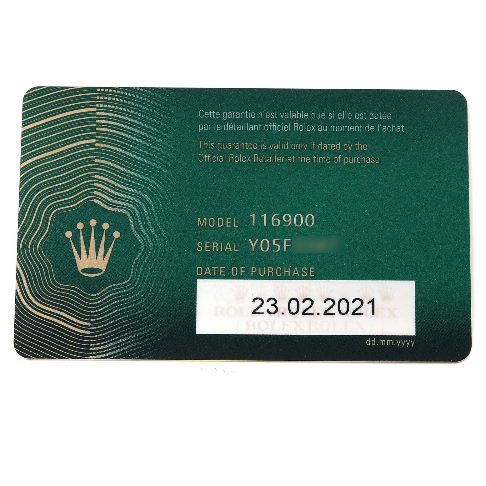 This is an image of a green Rolex warranty card for the Air-King model, showing its model and serial number, and the purchase date.