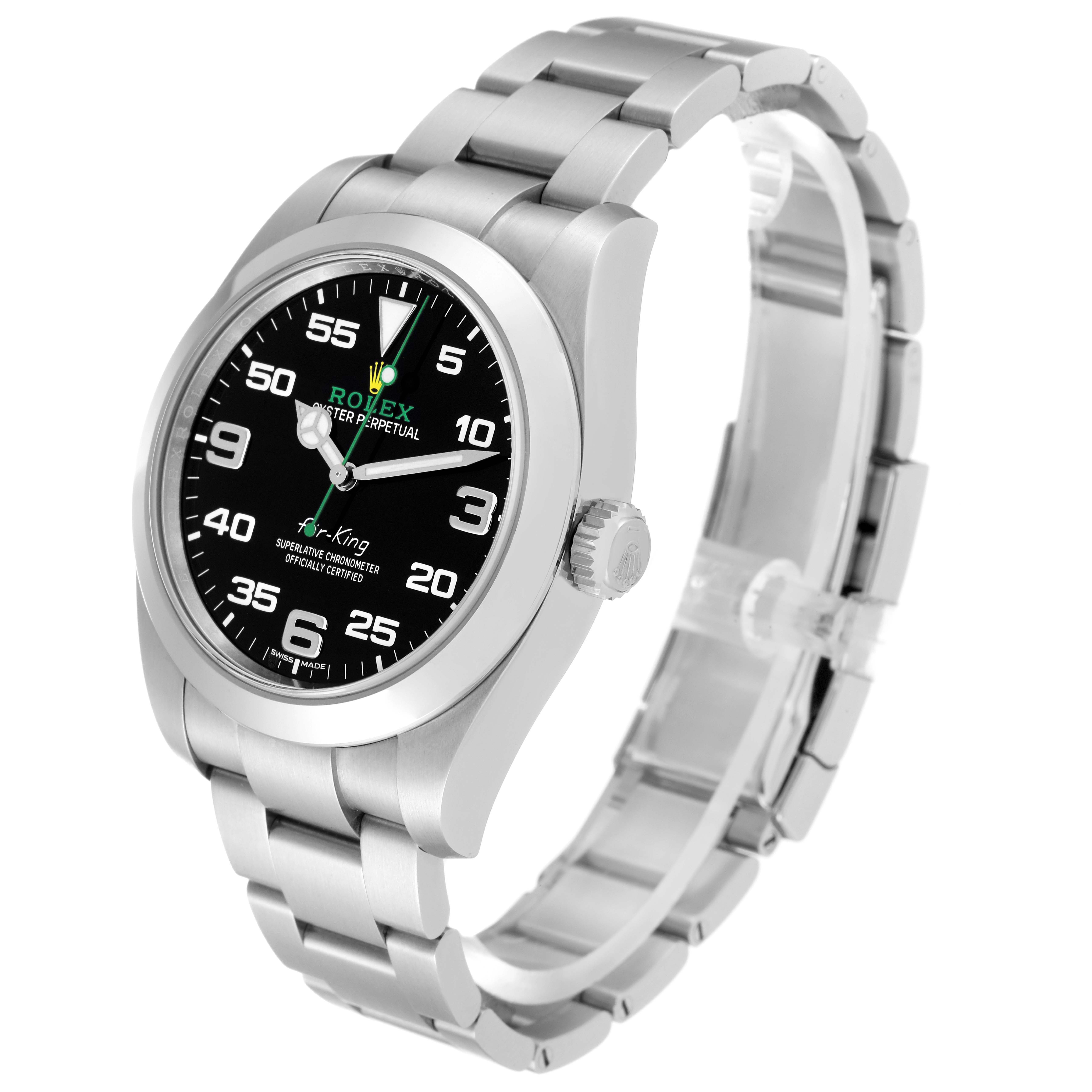 The Rolex Air-King 116900 Men's Stainless Steel Black Dial 116900 Men's Stainless Steel Black Dial watch is shown at a three-quarter angle, highlighting the dial, bezel, crown, and bracelet.