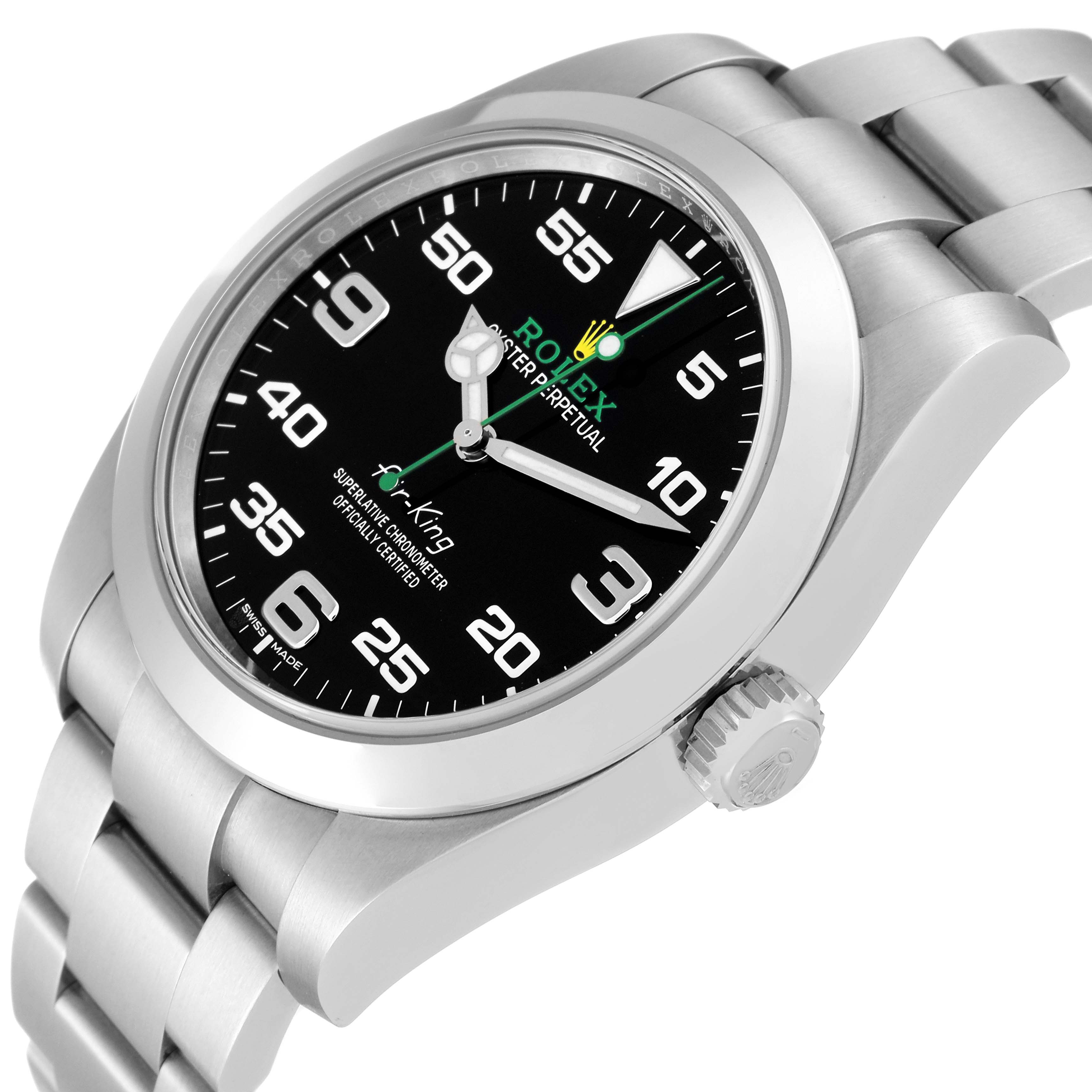 This image shows a Rolex Air-King 116900 Men's Stainless Steel Black Dial 116900 Men's Stainless Steel Black Dial watch from an angled side view, highlighting the dial, crown, and bracelet.