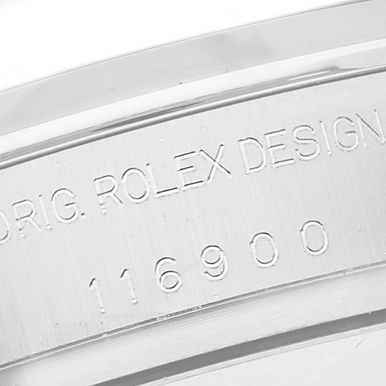 Close-up of the engraved text on the side of the Rolex Air-King 116900 Men's Stainless Steel Black Dial 116900 Men's Stainless Steel Black Dial watch case displaying "ROLEX DESIGN" and "116900".