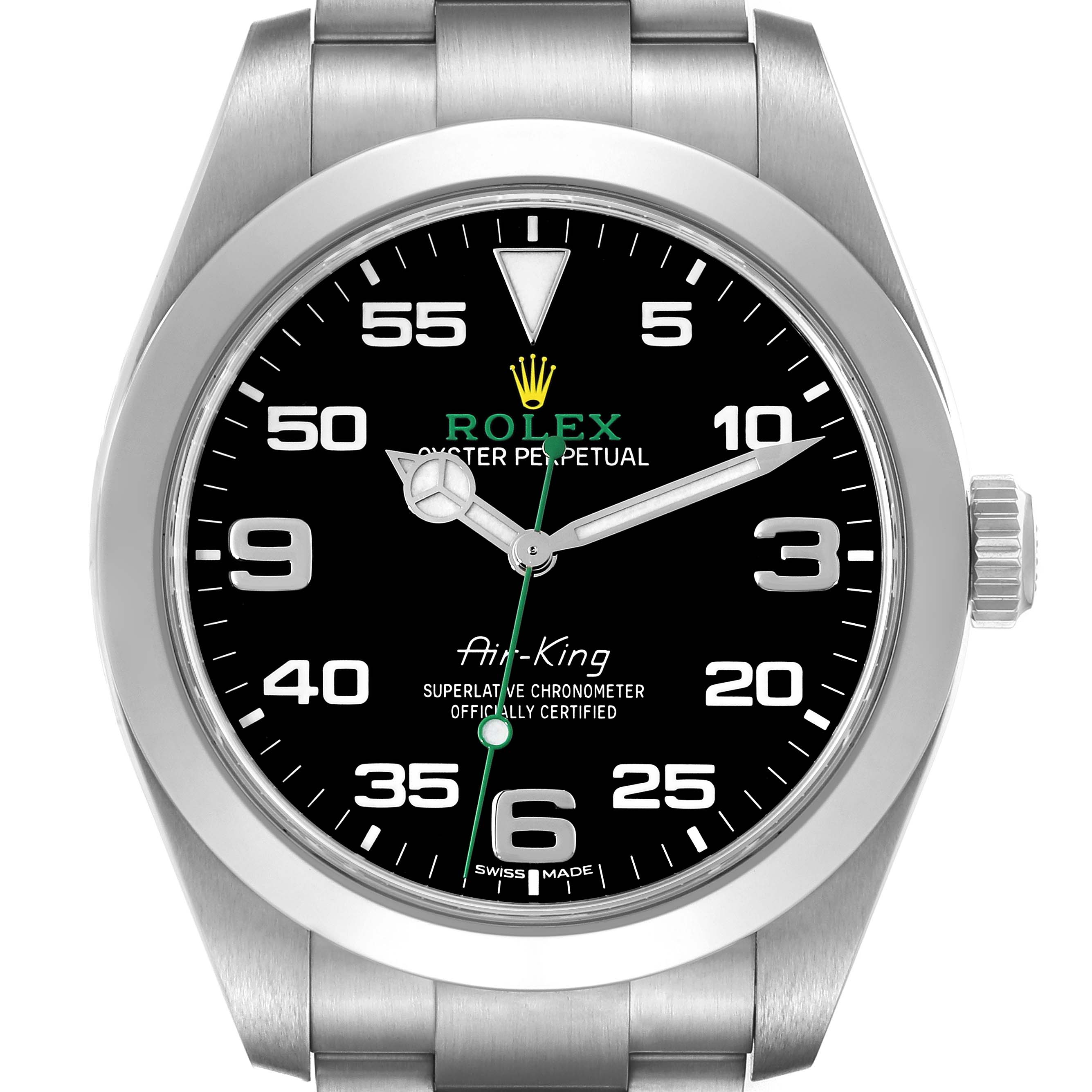 The image shows a front view of the Rolex Air-King 116900 Men's Stainless Steel Black Dial 116900 Men's Stainless Steel Black Dial watch, displaying its black dial and stainless steel case and bracelet.