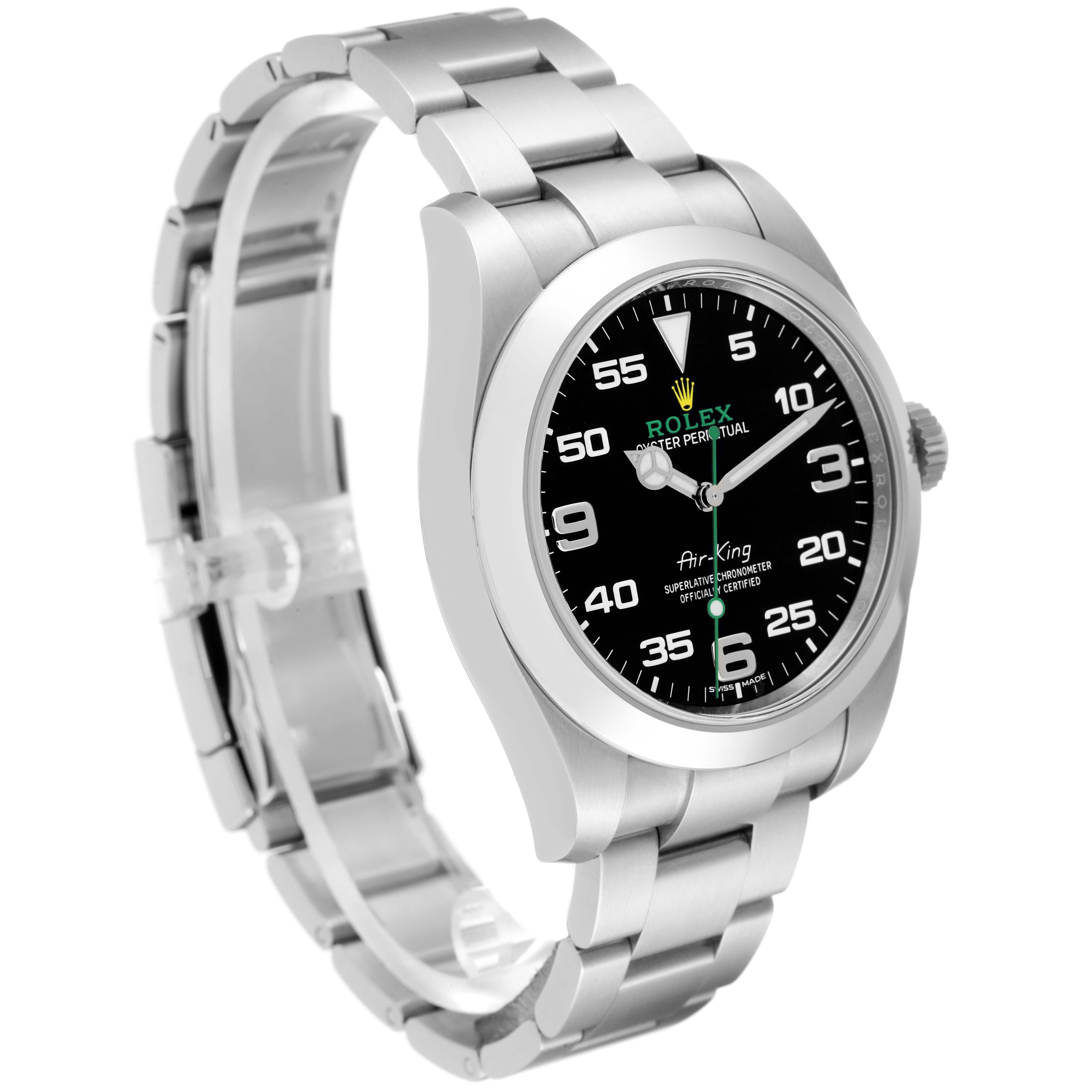 The image shows a Rolex Air-King 116900 Men's Stainless Steel Black Dial 116900 Men's Stainless Steel Black Dial watch at an angled view, highlighting its black dial and stainless steel bracelet.