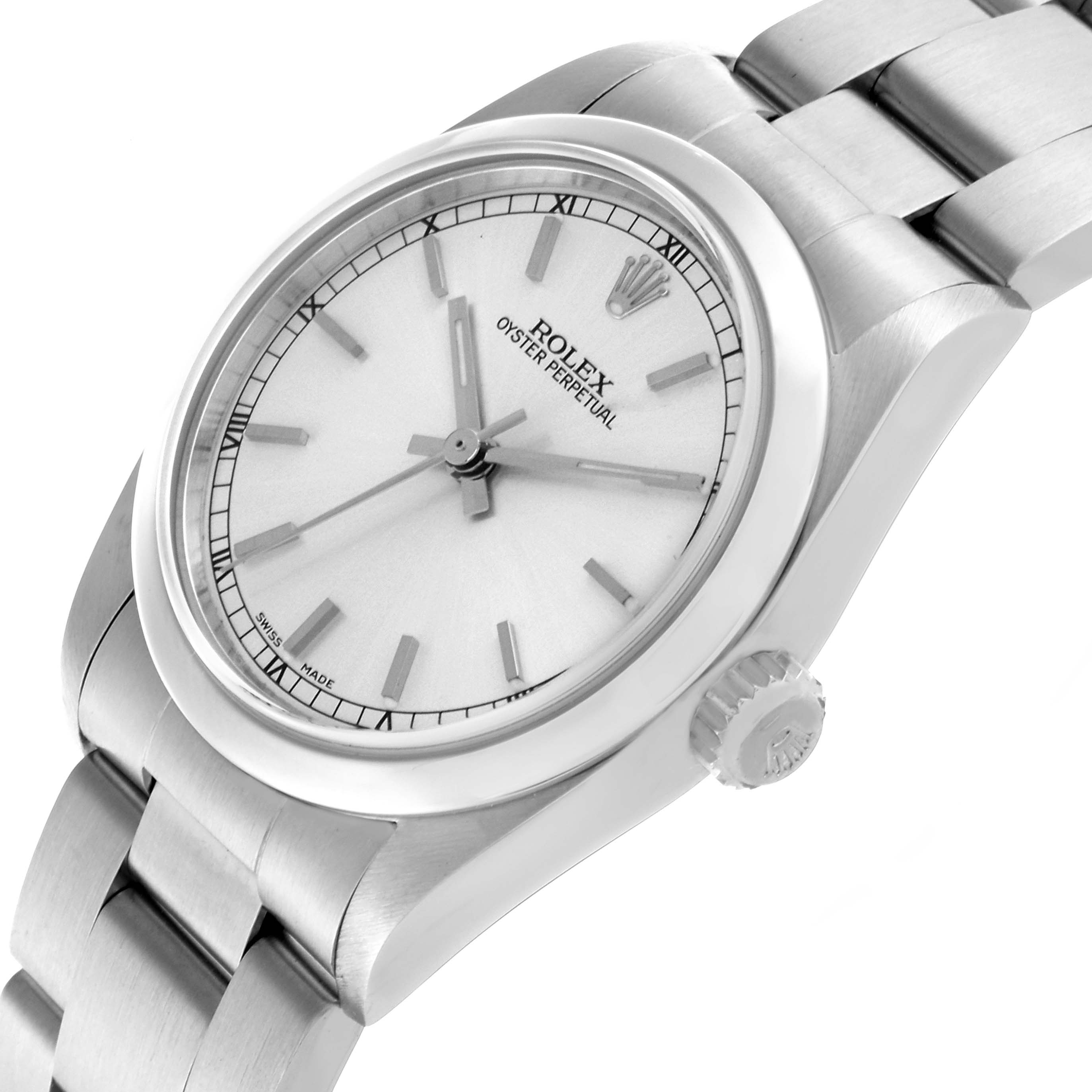 The Rolex Mid-Size 77080 Women's Stainless Steel Silver Dial 77080 Women's Stainless Steel Silver Dial watch is shown at an angle highlighting the bezel, dial, crown, and bracelet.