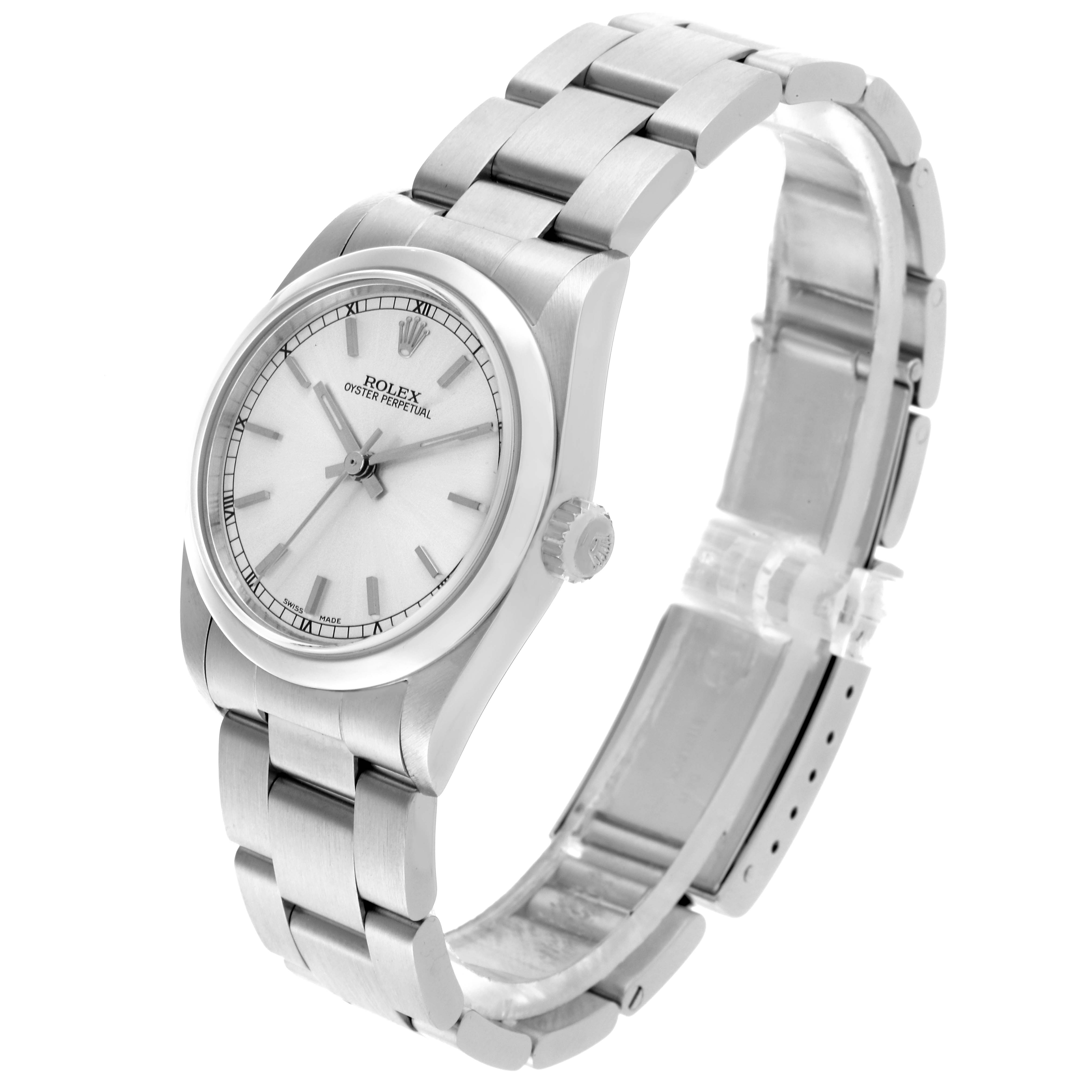The image shows a Rolex Mid-Size 77080 Women's Stainless Steel Silver Dial 77080 Women's Stainless Steel Silver Dial watch at an angled side view, displaying its face, bezel, crown, and bracelet.