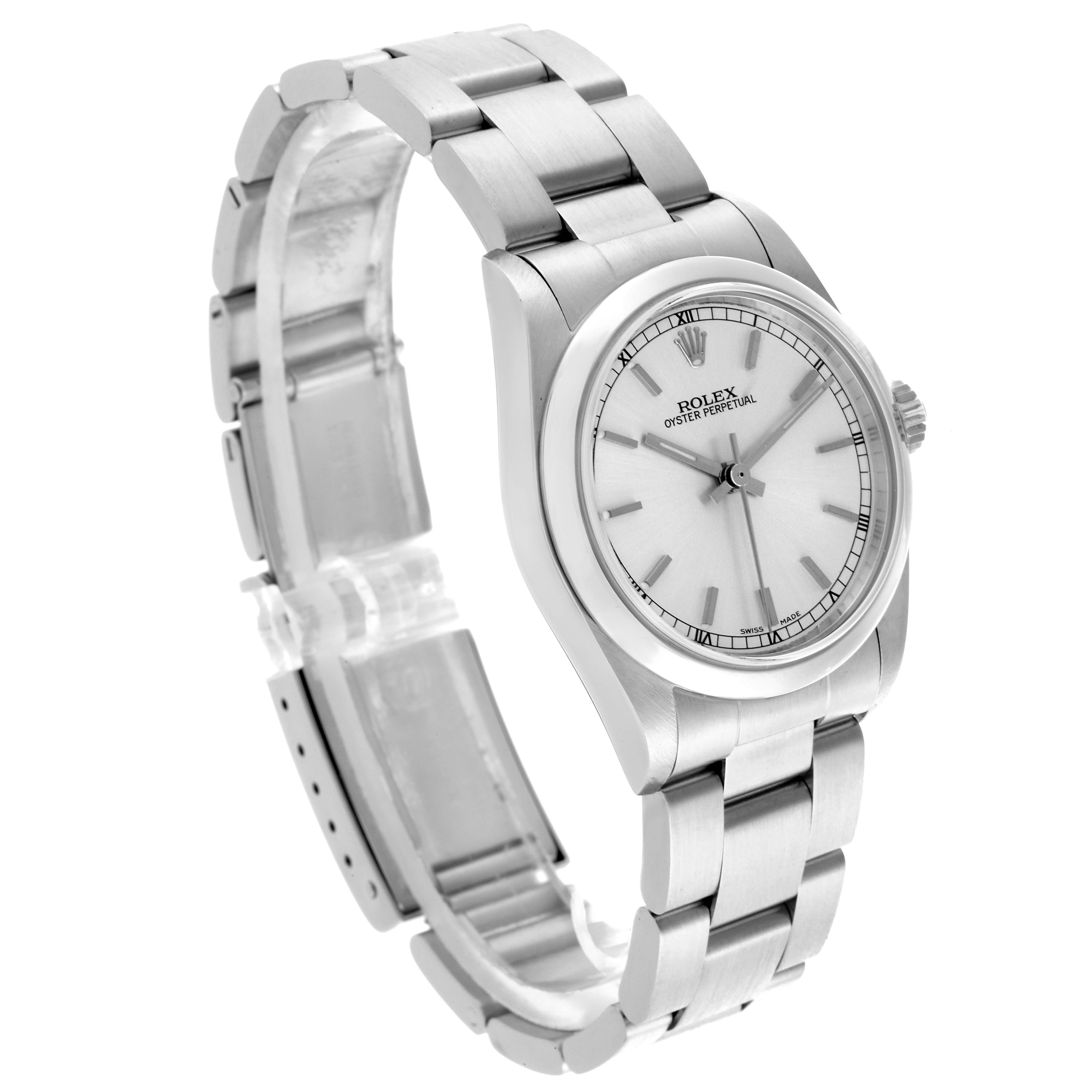 The Rolex Mid-Size 77080 Women's Stainless Steel Silver Dial 77080 Women's Stainless Steel Silver Dial watch is shown at an angle highlighting the face, bezel, bracelet, and clasp side.