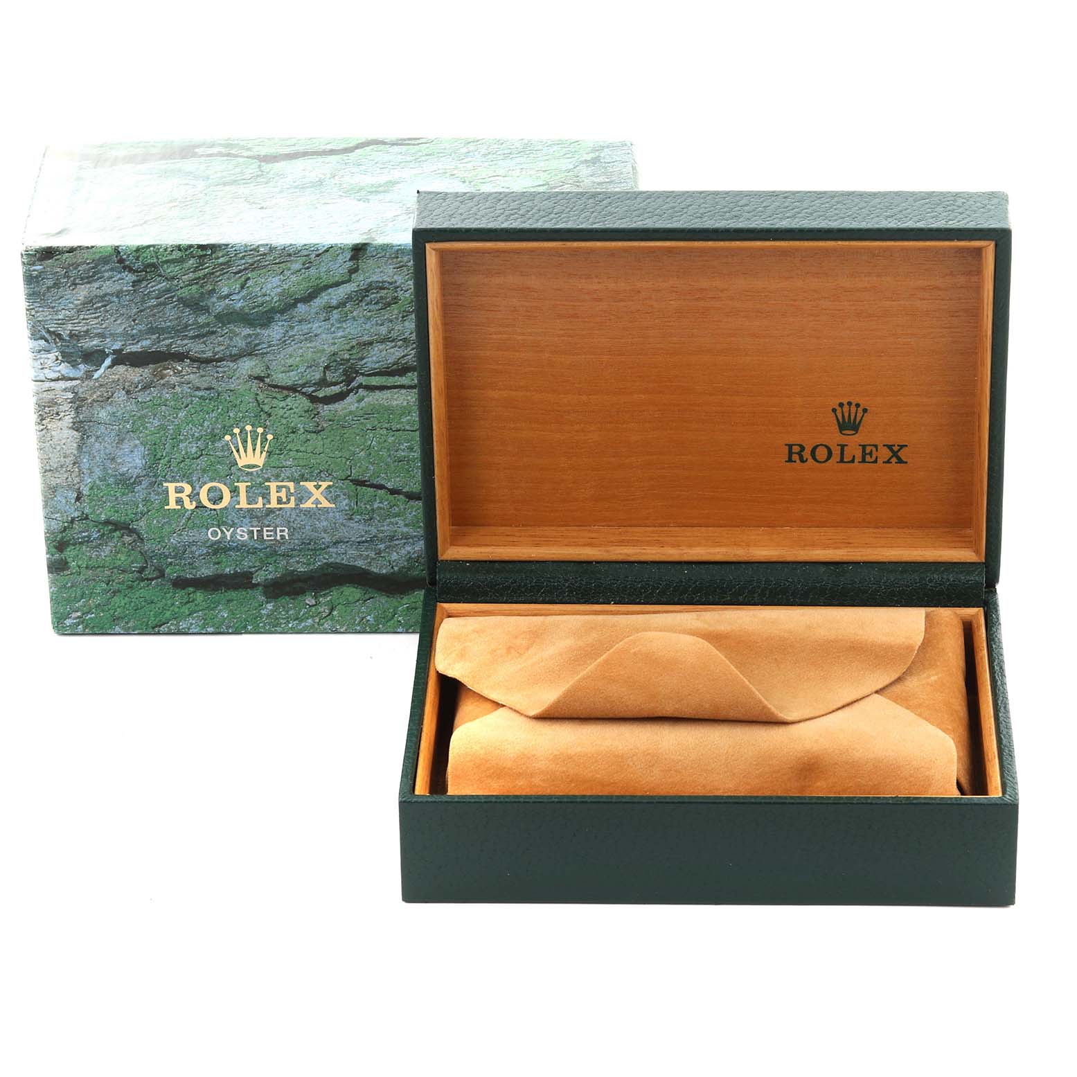 The image shows a Rolex Mid-Size 77080 Women's Stainless Steel Silver Dial 77080 Women's Stainless Steel Silver Dial watch box from an open angle, displaying the box interior and its velvet cushion.
